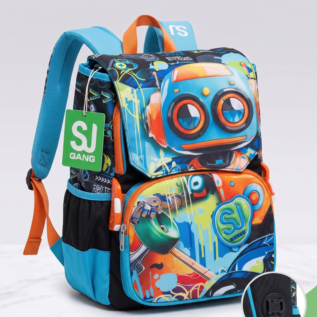 Seven Zaino Scuola Elementare Estendibile SJ Gang Big – Robot e Skateboard – Blu e Arancione