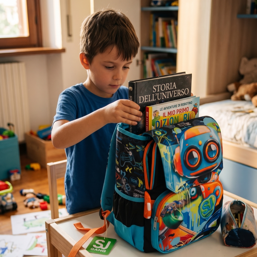 Seven Zaino Scuola Elementare Estendibile SJ Gang Big – Robot e Skateboard – Blu e Arancione