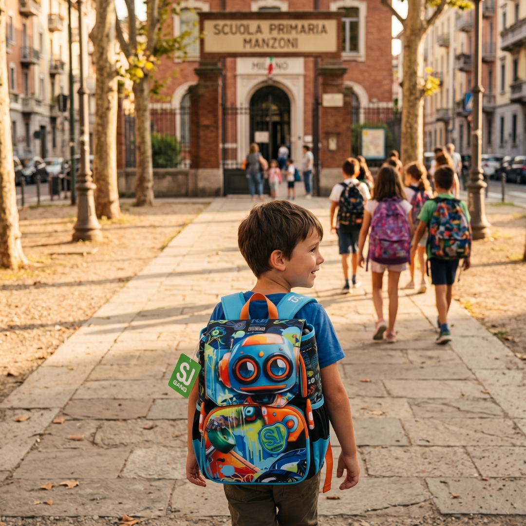 Seven Zaino Scuola Elementare Estendibile SJ Gang Big – Robot e Skateboard – Blu e Arancione