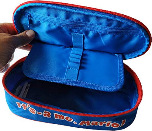 Super Mario – Astuccio Ovale Organizzato Blu | Poliestere Lucido | Zip + Divisorio Elastici | Scuola