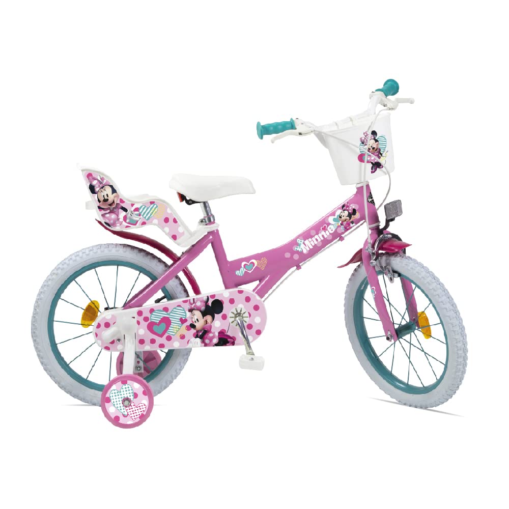 Bicicletta Disney Minnie 14 pollici per Bambina - Rosa - Huffy Ufficiale con Cestino e Rotelle - 4-6 Anni
