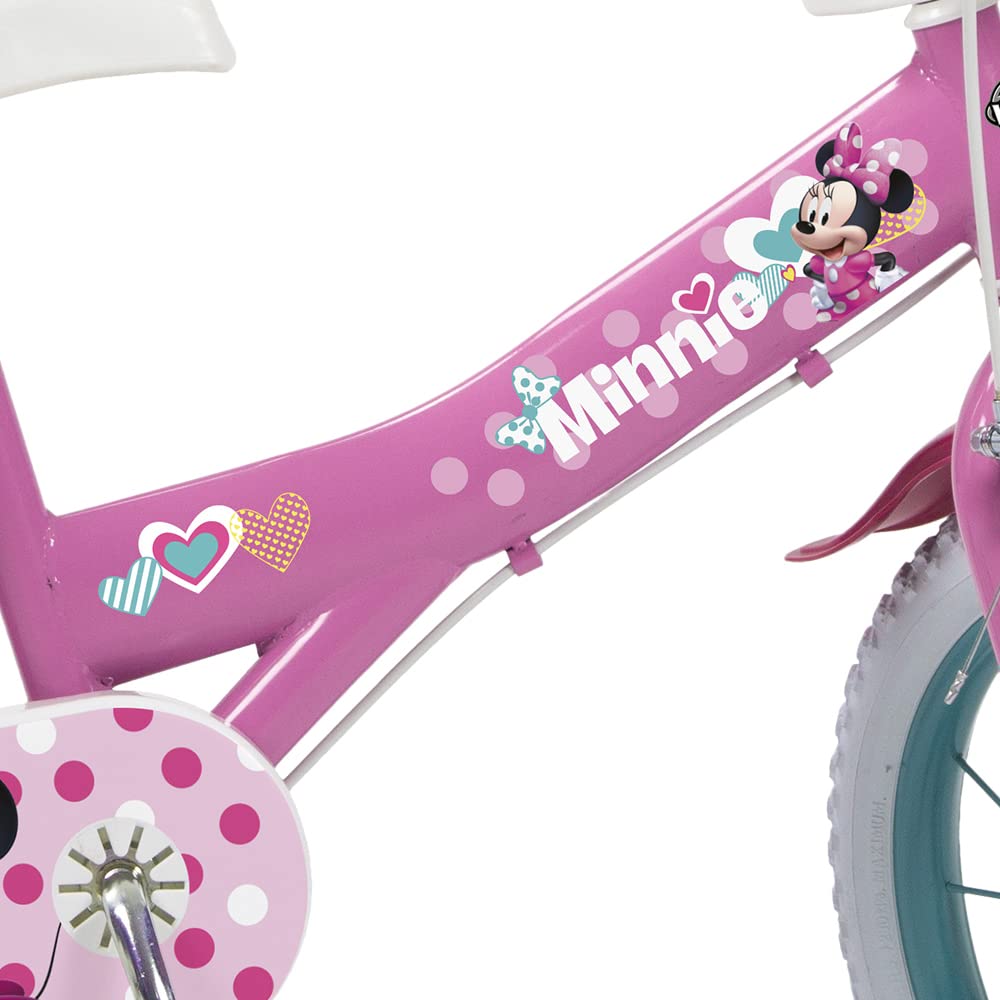 Bicicletta Disney Minnie 14 pollici per Bambina - Rosa - Huffy Ufficiale con Cestino e Rotelle - 4-6 Anni