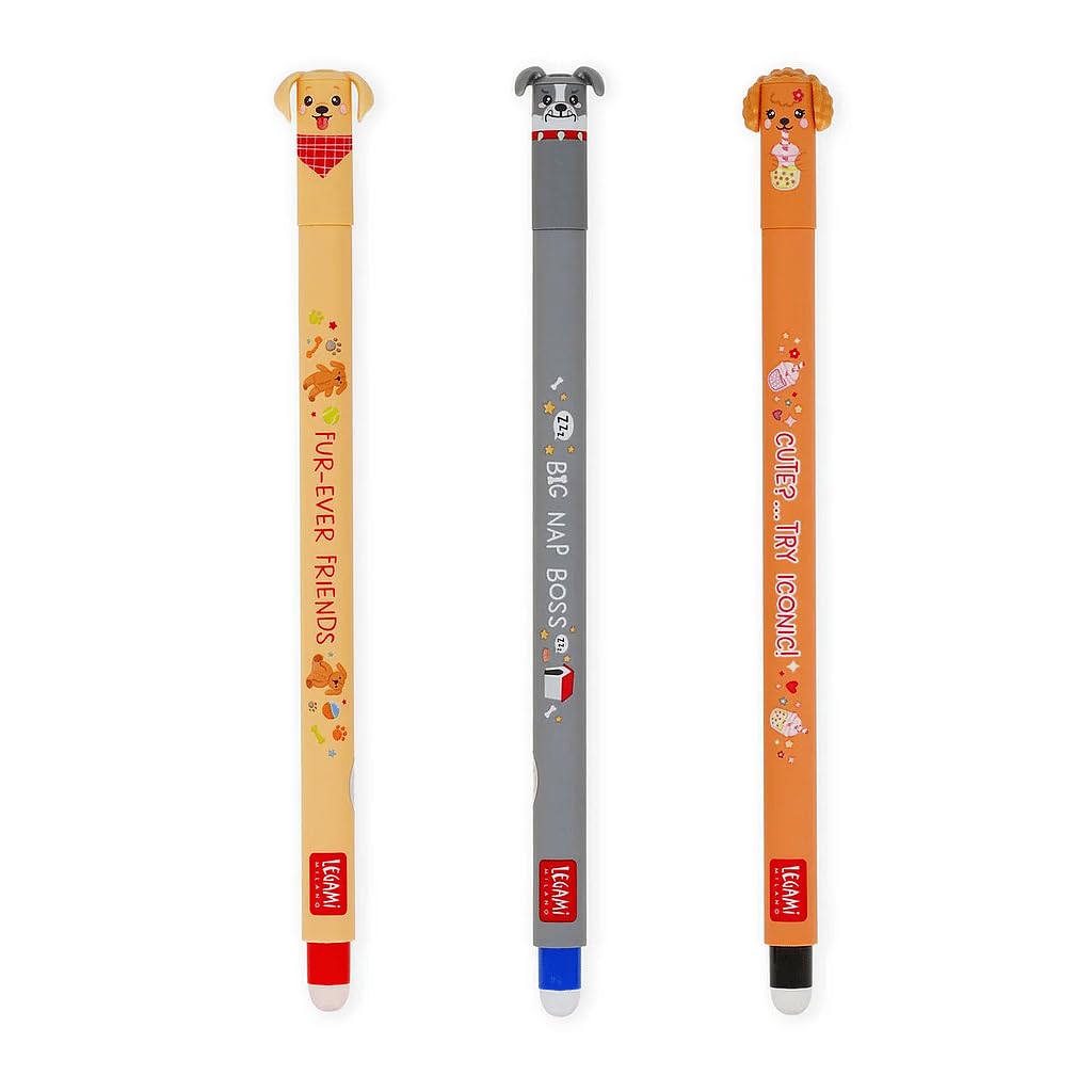 Legami - Set di 3 Penne Gel Cancellabili Fur-ever Friends, Penne con Inchiostro Cancellabile Termosensibile, Nero, Blu, Rosso, Cancella Senza Consumare il Foglio, Punta 0,7 mm