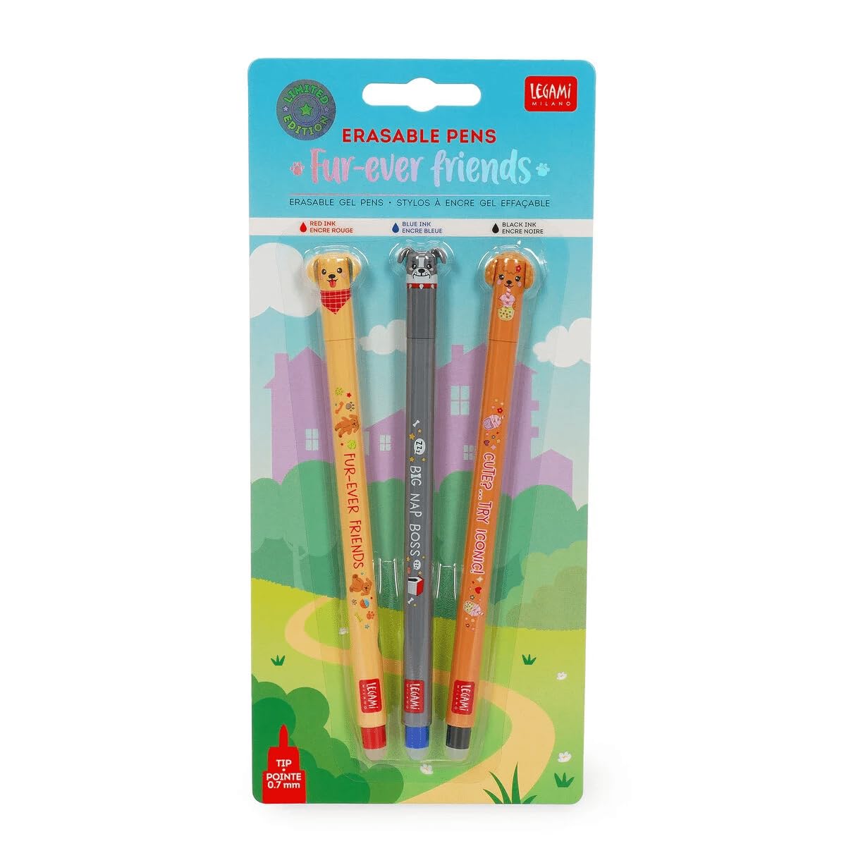 Legami - Set di 3 Penne Gel Cancellabili Fur-ever Friends, Penne con Inchiostro Cancellabile Termosensibile, Nero, Blu, Rosso, Cancella Senza Consumare il Foglio, Punta 0,7 mm