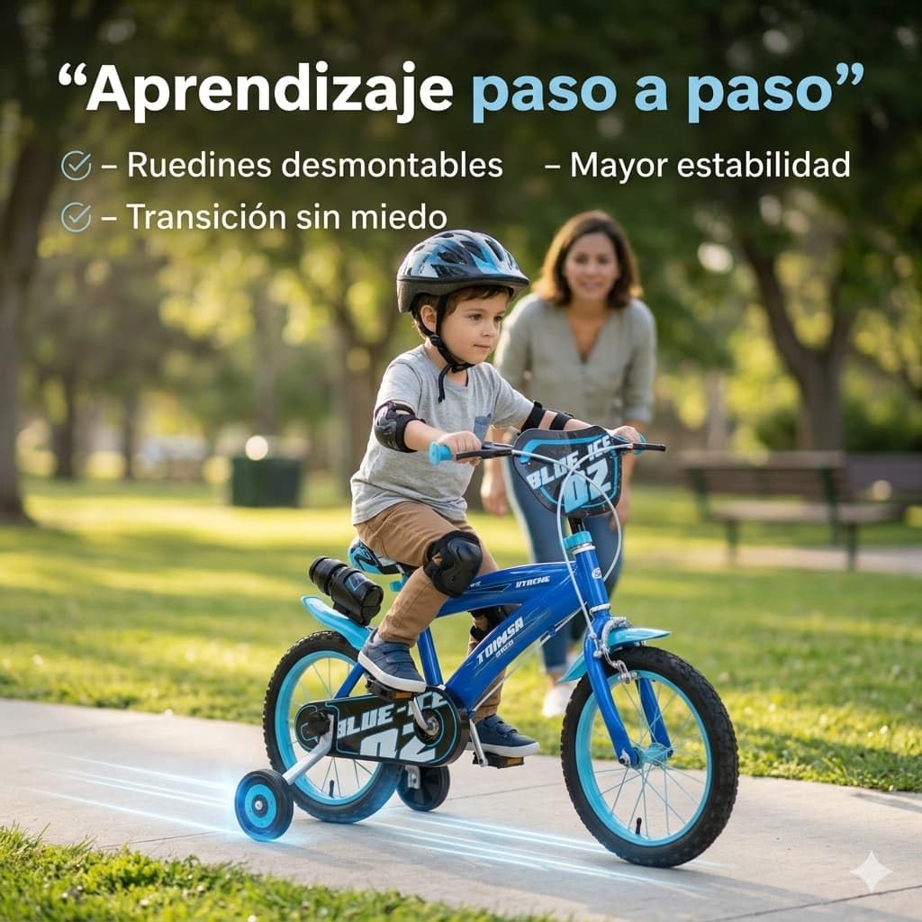 Bicicletta per Bambini 14 pollici Toimsa Blue Ice - Rotelle, Borraccia, Sellino Regolabile - 4-6 Anni