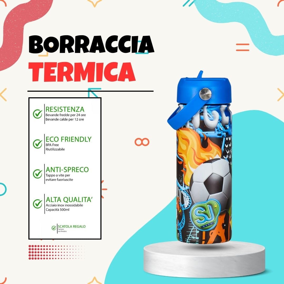 SJ Gang – Borraccia Termica 500 ml Boy Fire Soccer Ball | Acciaio Inox BPA Free | Caldo 12h / Freddo 24h | Scuola e Sport