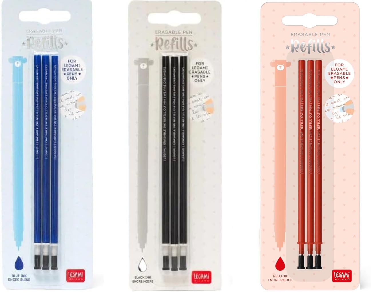 Legami – Ricarica Gel Cancellabile Set 3x3 Mine | Inchiostro Termico Blu, Nero e Rosso | Punta 0,7 mm