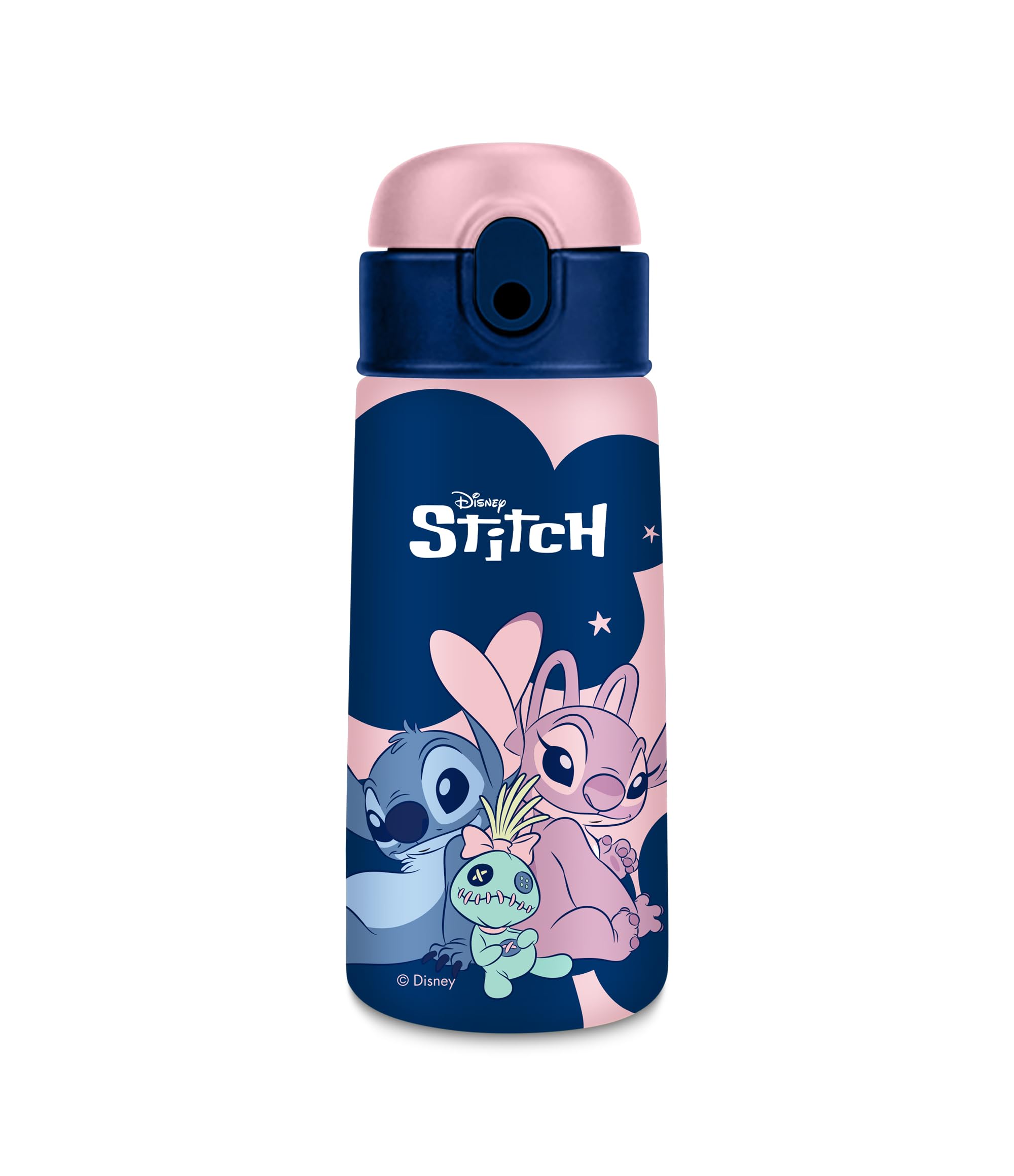 Seven Lilo & Stitch – Borraccia Termica 460 ml Rosa Blu con Cannuccia | Acciaio Inox BPA Free | Caldo 12h / Freddo 24h