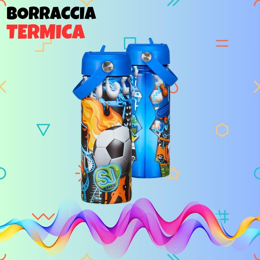 SJ Gang – Borraccia Termica 500 ml Boy Fire Soccer Ball | Acciaio Inox BPA Free | Caldo 12h / Freddo 24h | Scuola e Sport