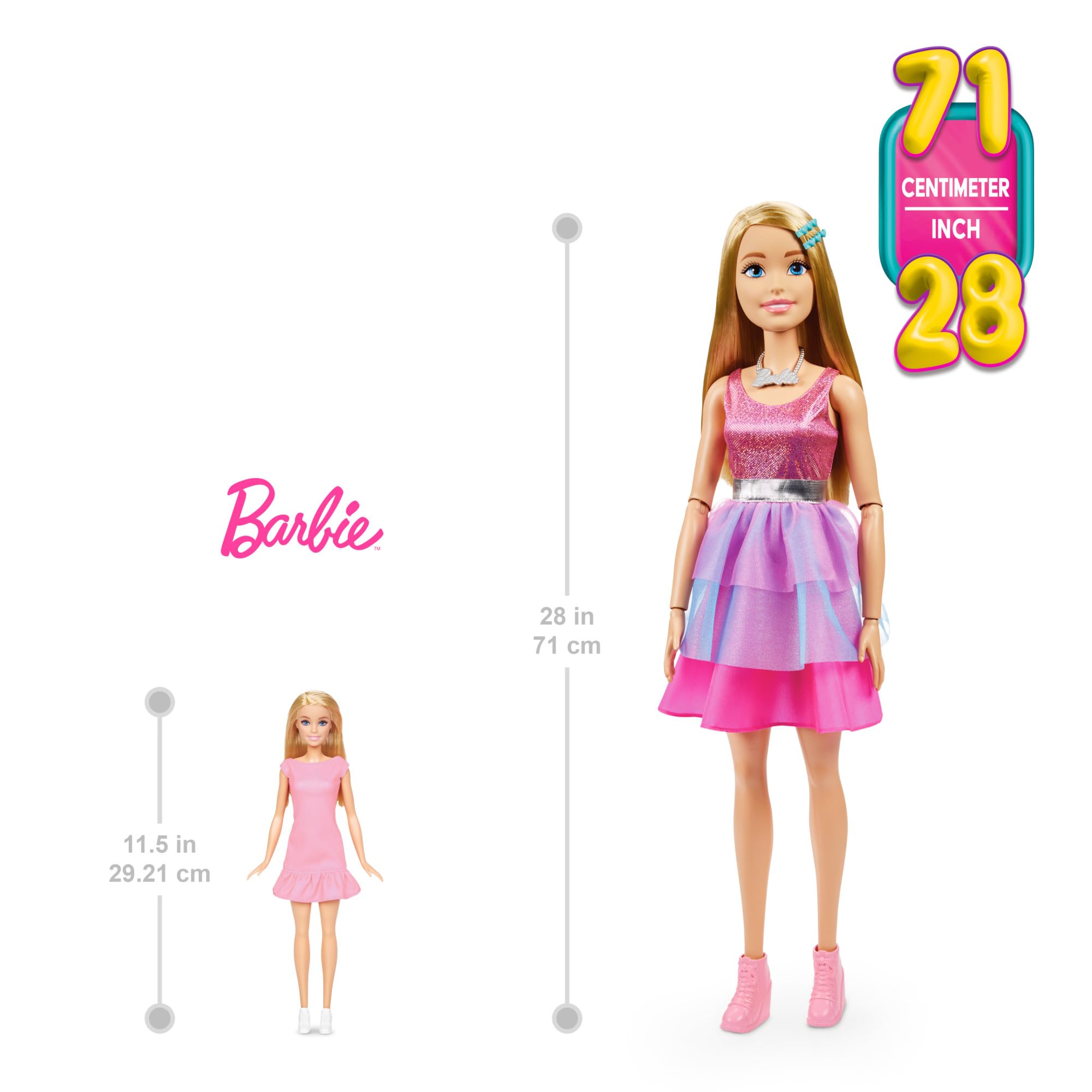 Bambola Barbie Grande 71 cm – Abito Rosa Brillante, Collana e Fermagli, HJY02