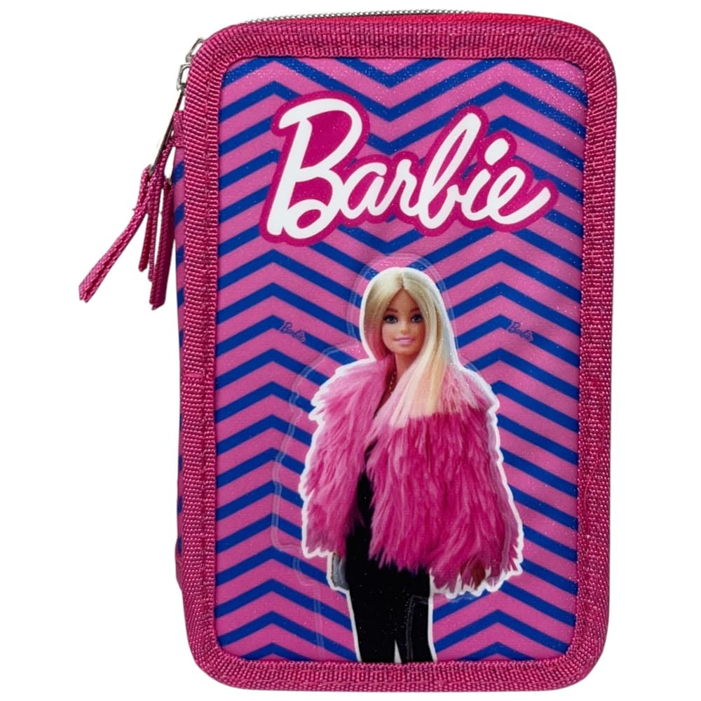 Cartoon – Astuccio Scuola 3 Zip Barbie | 44 Pezzi Completo con Pennarelli Giotto e Penna Papermate | 20x13x6 cm
