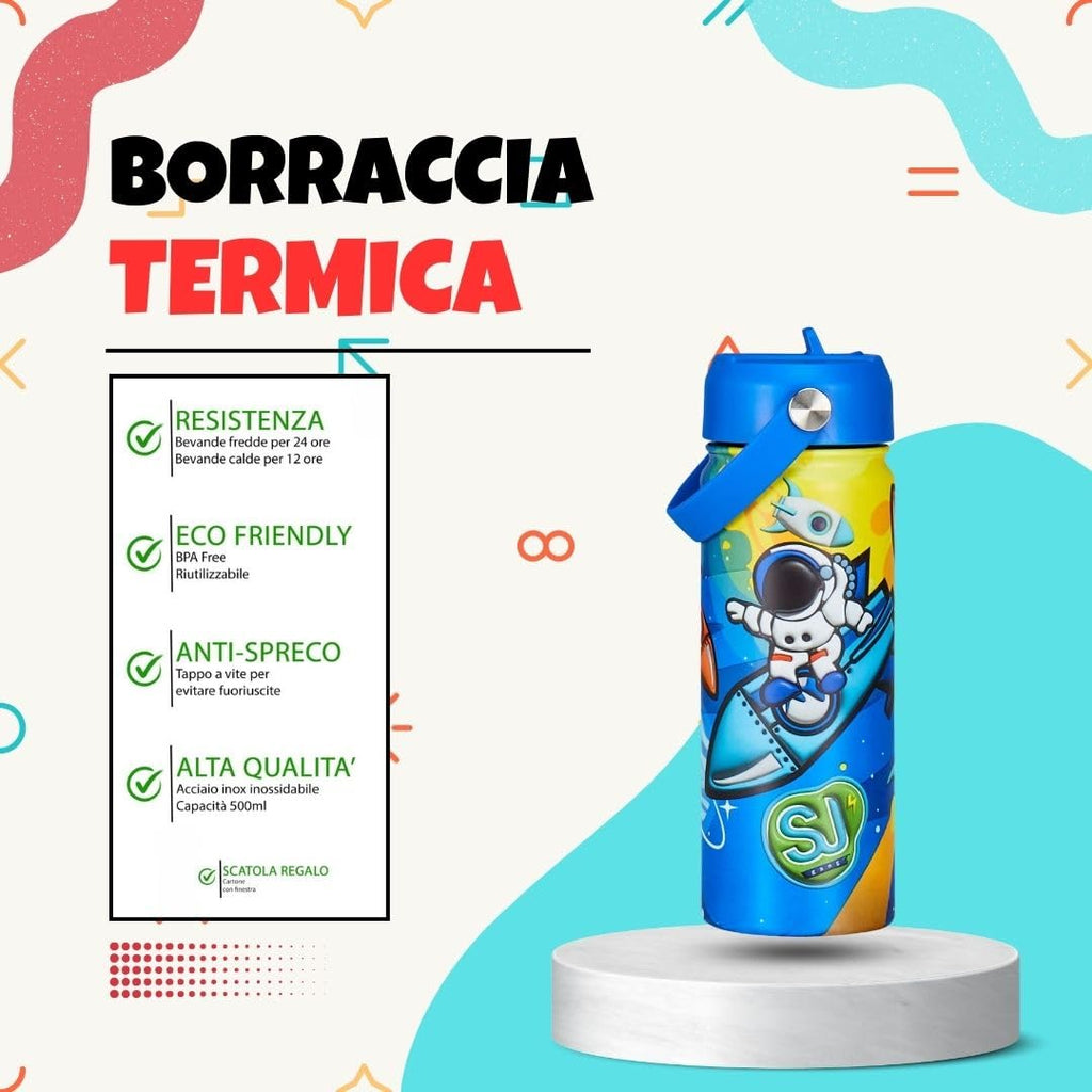 SJ Gang – Borraccia Termica 500 ml Astronauta Spazio | Acciaio Inox BPA Free | Caldo 12h / Freddo 24h | Scuola e Sport