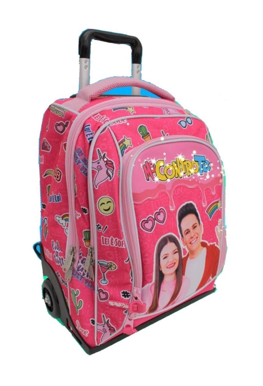 Me Contro Te Trolley Zaino Rosa con Luci + Portachiavi, Braccialetto e 10 Pennarelli Glitter