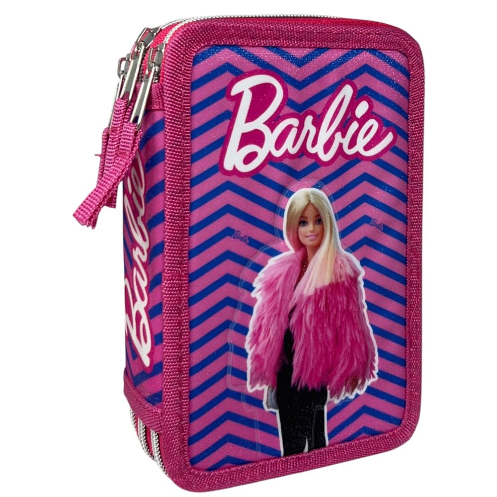 Cartoon – Astuccio Scuola 3 Zip Barbie | 44 Pezzi Completo con Pennarelli Giotto e Penna Papermate | 20x13x6 cm