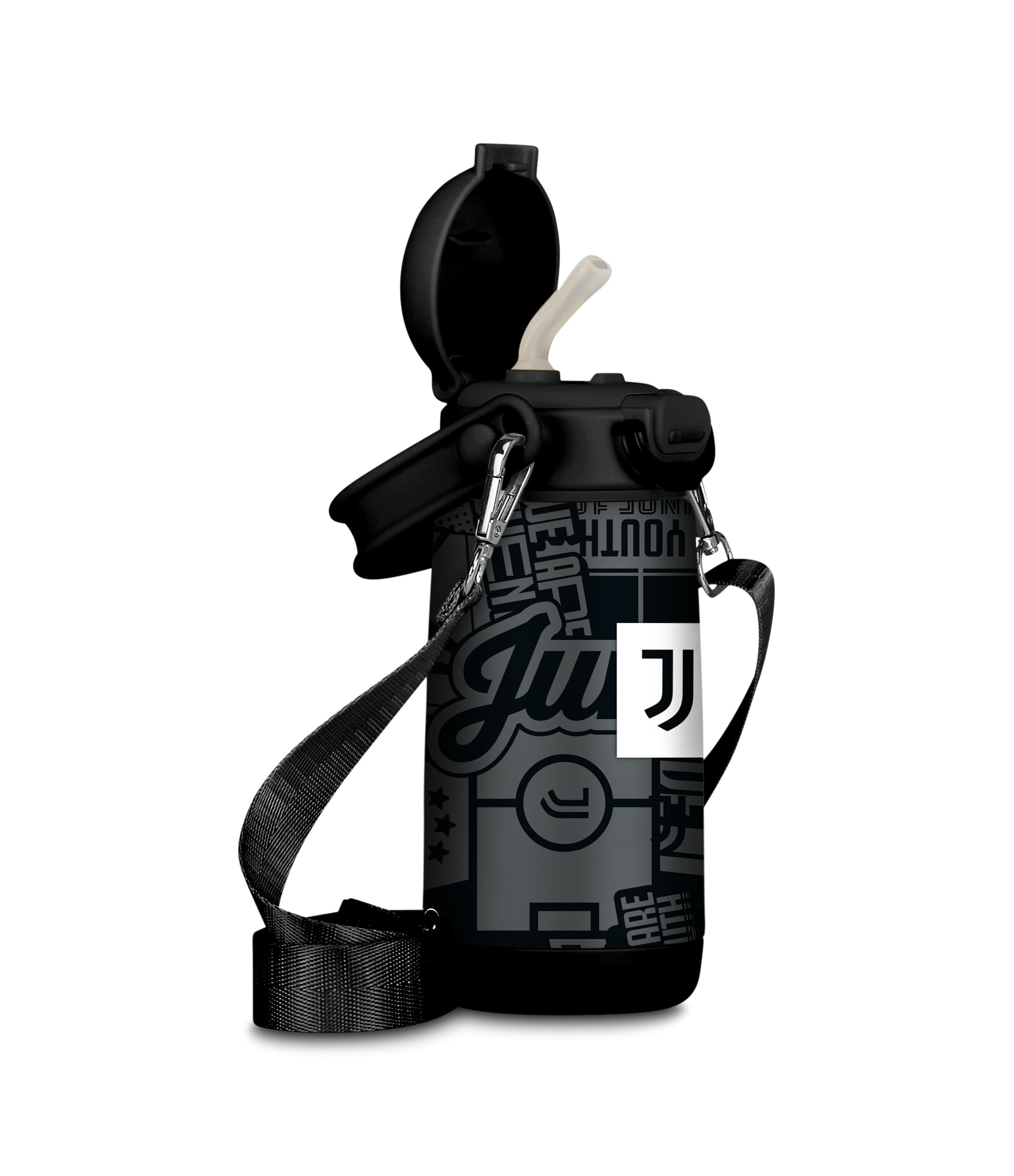 Seven Juventus – Borraccia Termica 400 ml Nera con Tracolla | Acciaio Inox BPA Free | Caldo 12h / Freddo 24h | Scuola e Sport