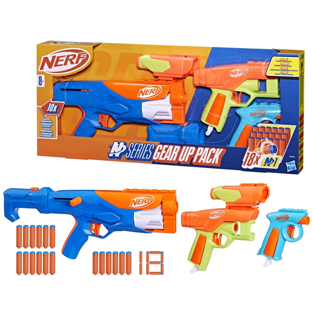 NERF N Series Gear Up Pack – 3 Blaster, 10 Combinazioni, Mirino, Calcio e 18 Dardi N1 | Hasbro