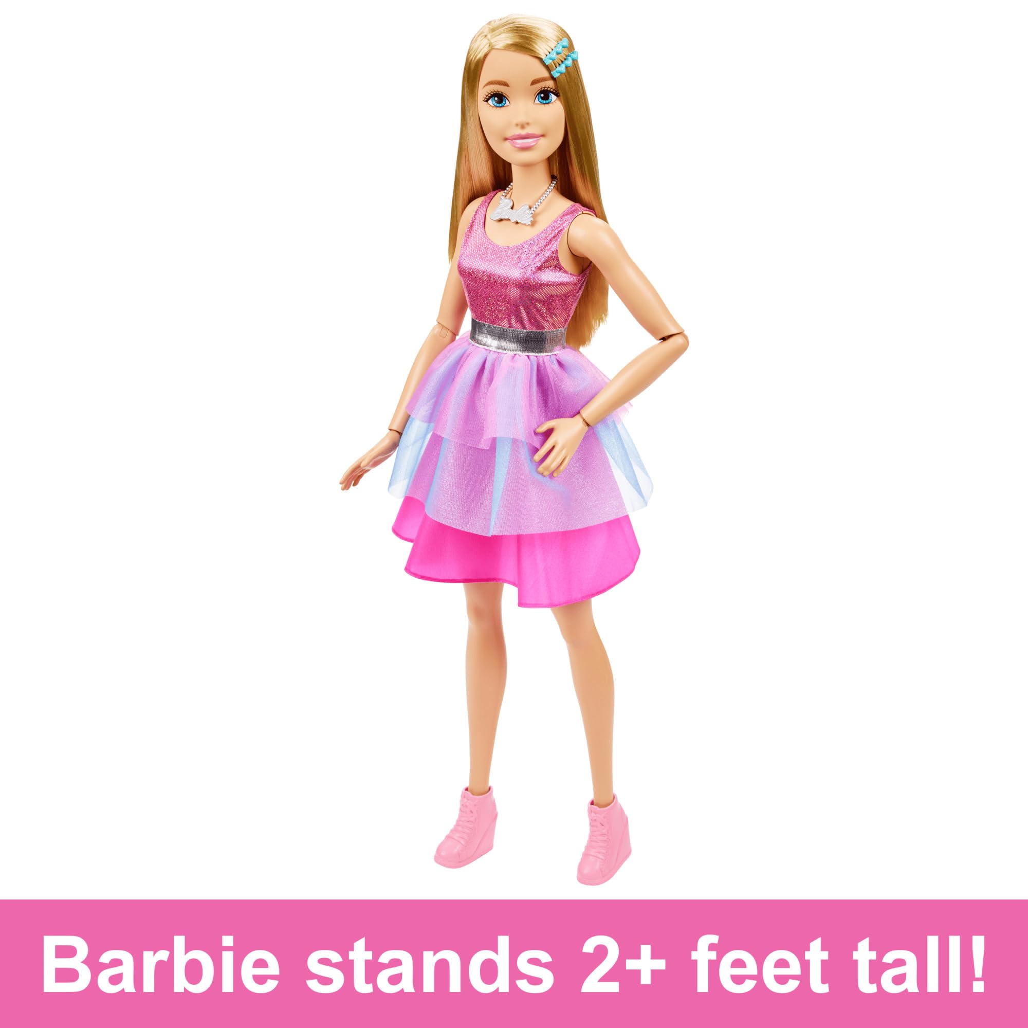 Bambola Barbie Grande 71 cm – Abito Rosa Brillante, Collana e Fermagli, HJY02