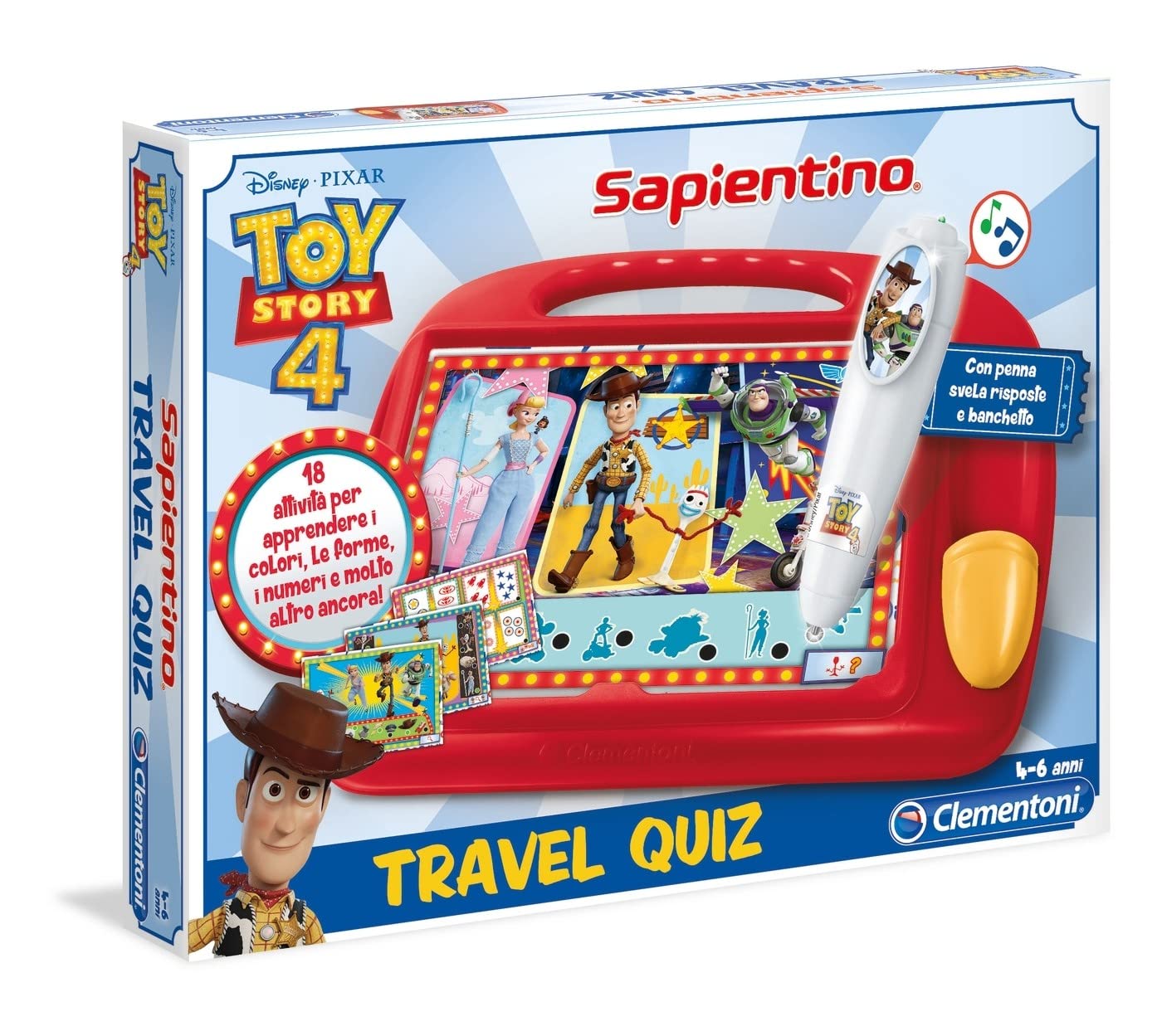 Clementoni Travel Quiz Disney Toy Story 4 – Gioco Interattivo con Penna e 9 Carte | Dai 4 Anni | Made in Italy