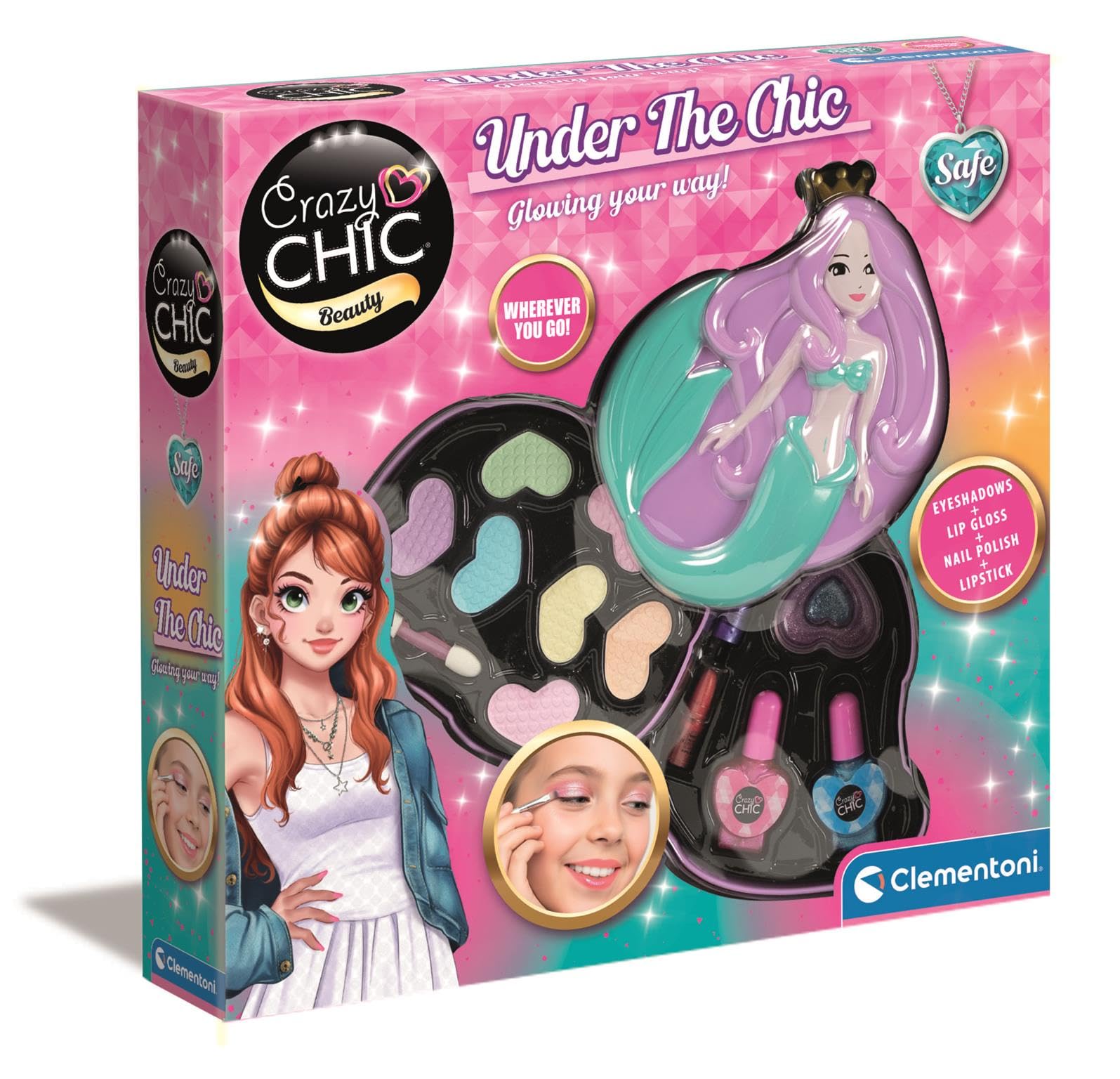Clementoni Crazy Chic - Lovely Make Up Sirena, Trousse Trucchi Lavabili per Bambine 6+ Anni, Set Cosmetici Sicuri, Idea Regalo