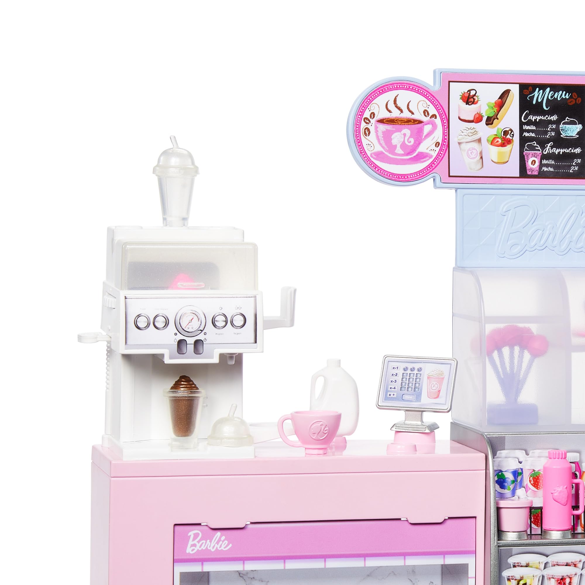 Barbie – Coffee Shop Playset con Bambola Barista Bionda e 12+ Accessori | Macchina Caffè-Smoothie | Dai 3 Anni