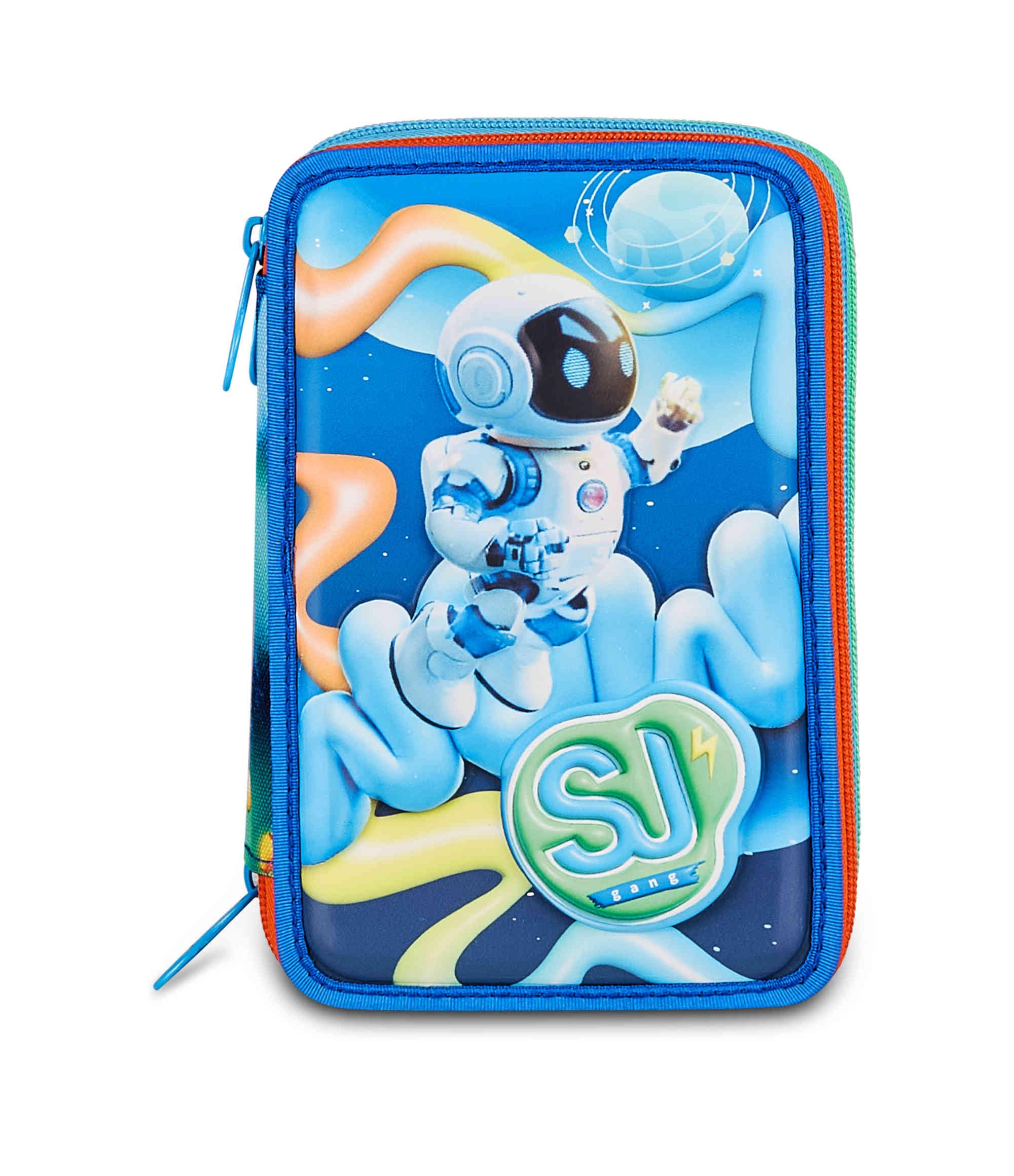 SJ Gang Astuccio Scuola 3 Zip 3D Space Ride – Blu, Astronauta in Rilievo, 45 Pezzi Completo | Scuola Elementare