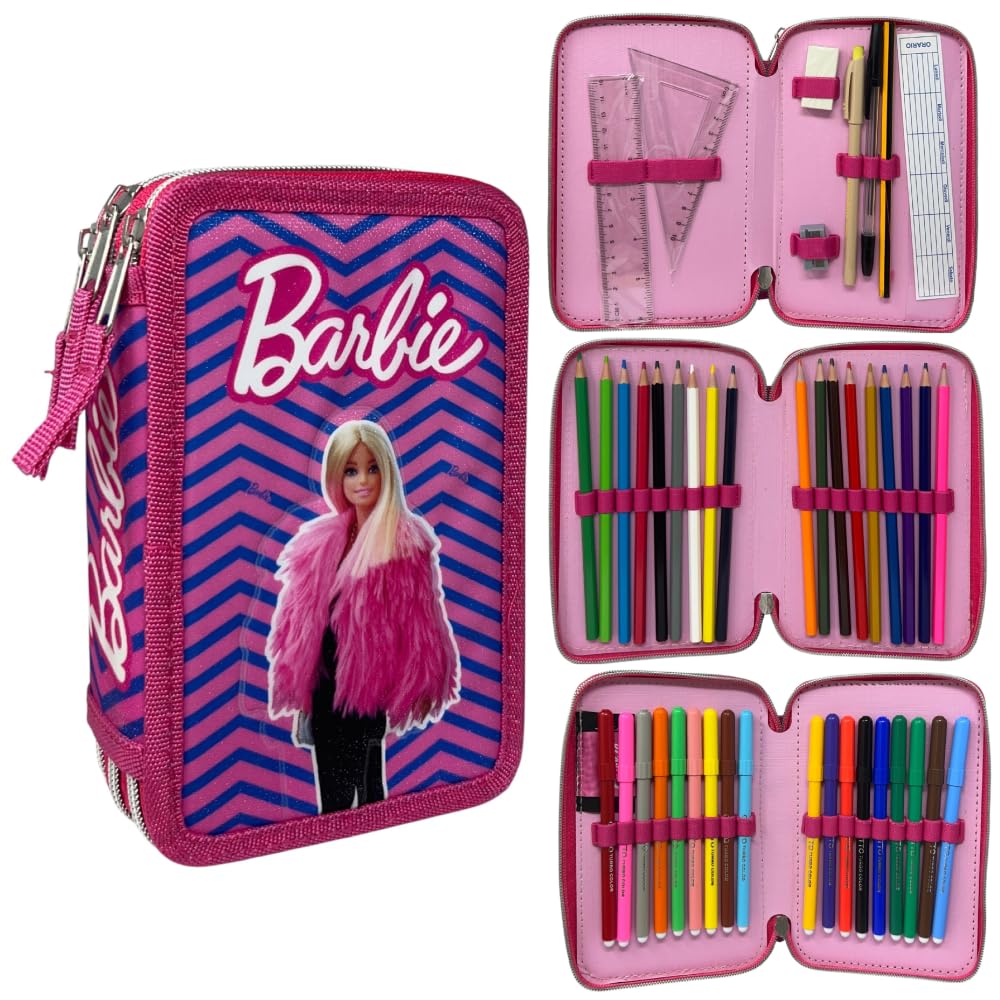 Cartoon – Astuccio Scuola 3 Zip Barbie | 44 Pezzi Completo con Pennarelli Giotto e Penna Papermate | 20x13x6 cm