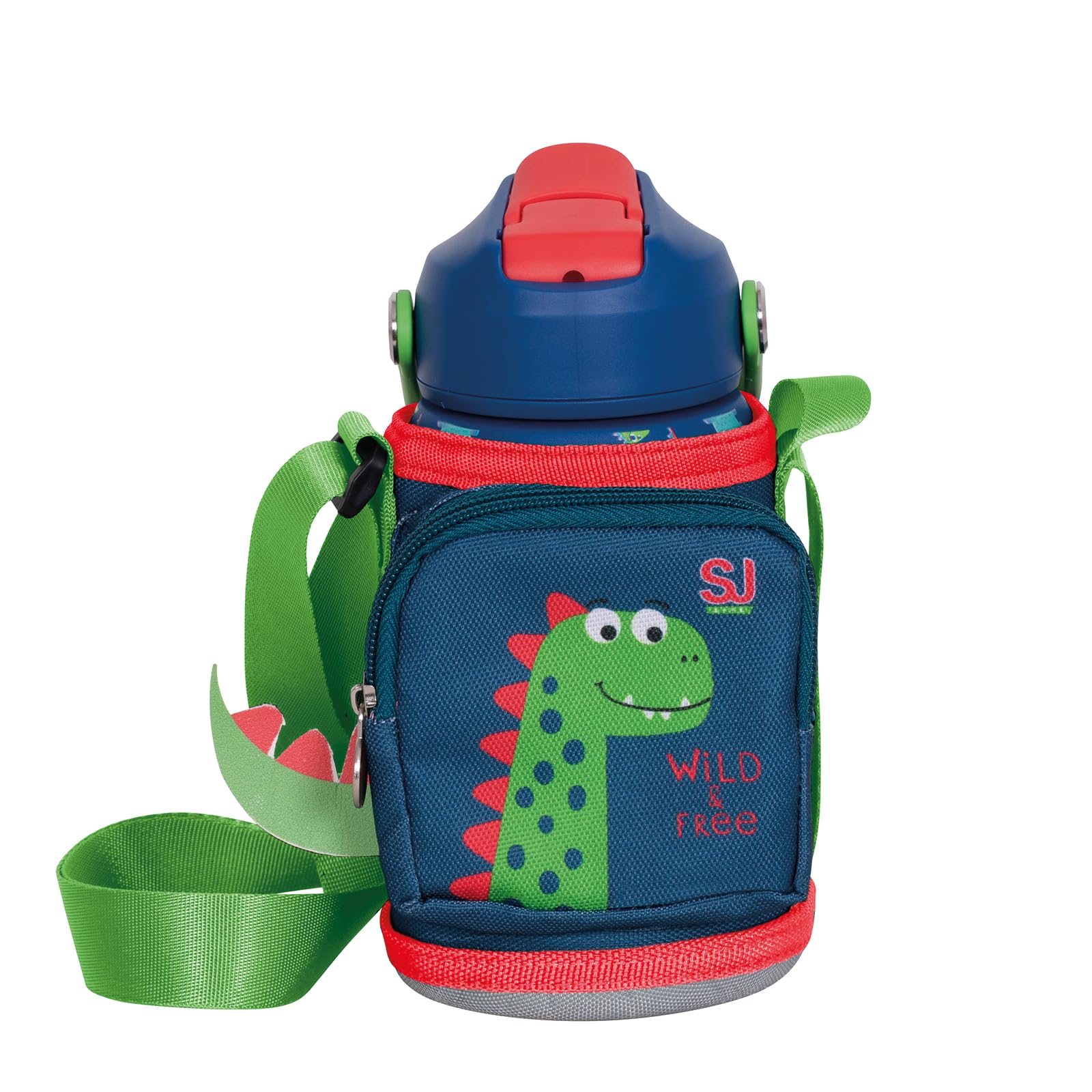 SJ Gang Seven – Borraccia Termica 350 ml Dinosauro con Cannuccia e Porta-Borraccia | Acciaio Inox BPA Free | Caldo 12h / Freddo 24h