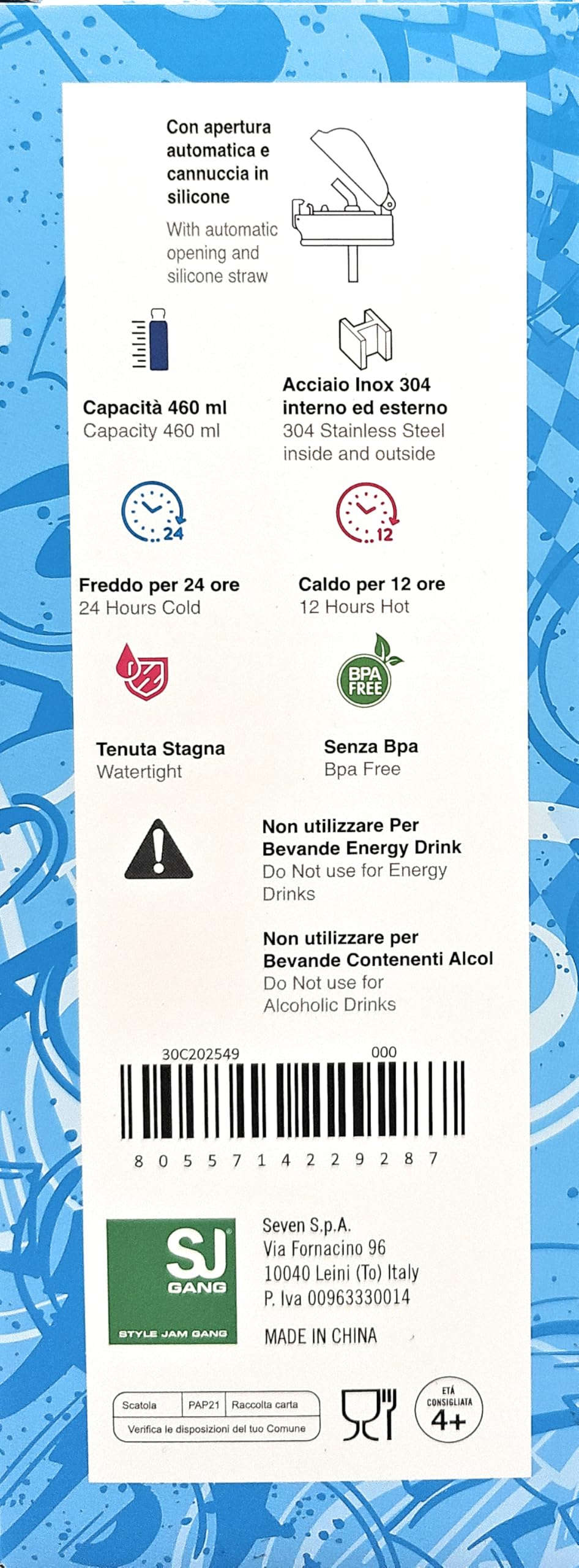 SJ Gang Animals – Borraccia Termica 460 ml Drago | Acciaio Inox 304 BPA Free | Apertura a Scatto | Caldo 12h / Freddo 24h