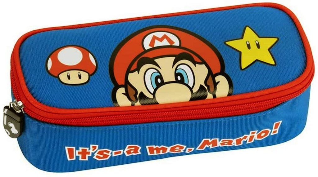 Super Mario – Astuccio Ovale Organizzato Blu | Poliestere Lucido | Zip + Divisorio Elastici | Scuola