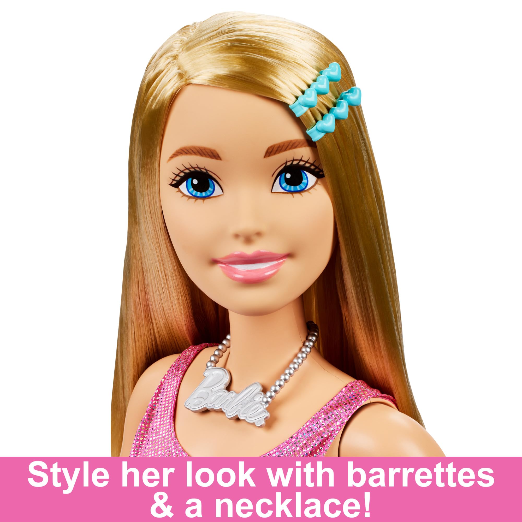 Bambola Barbie Grande 71 cm – Abito Rosa Brillante, Collana e Fermagli, HJY02