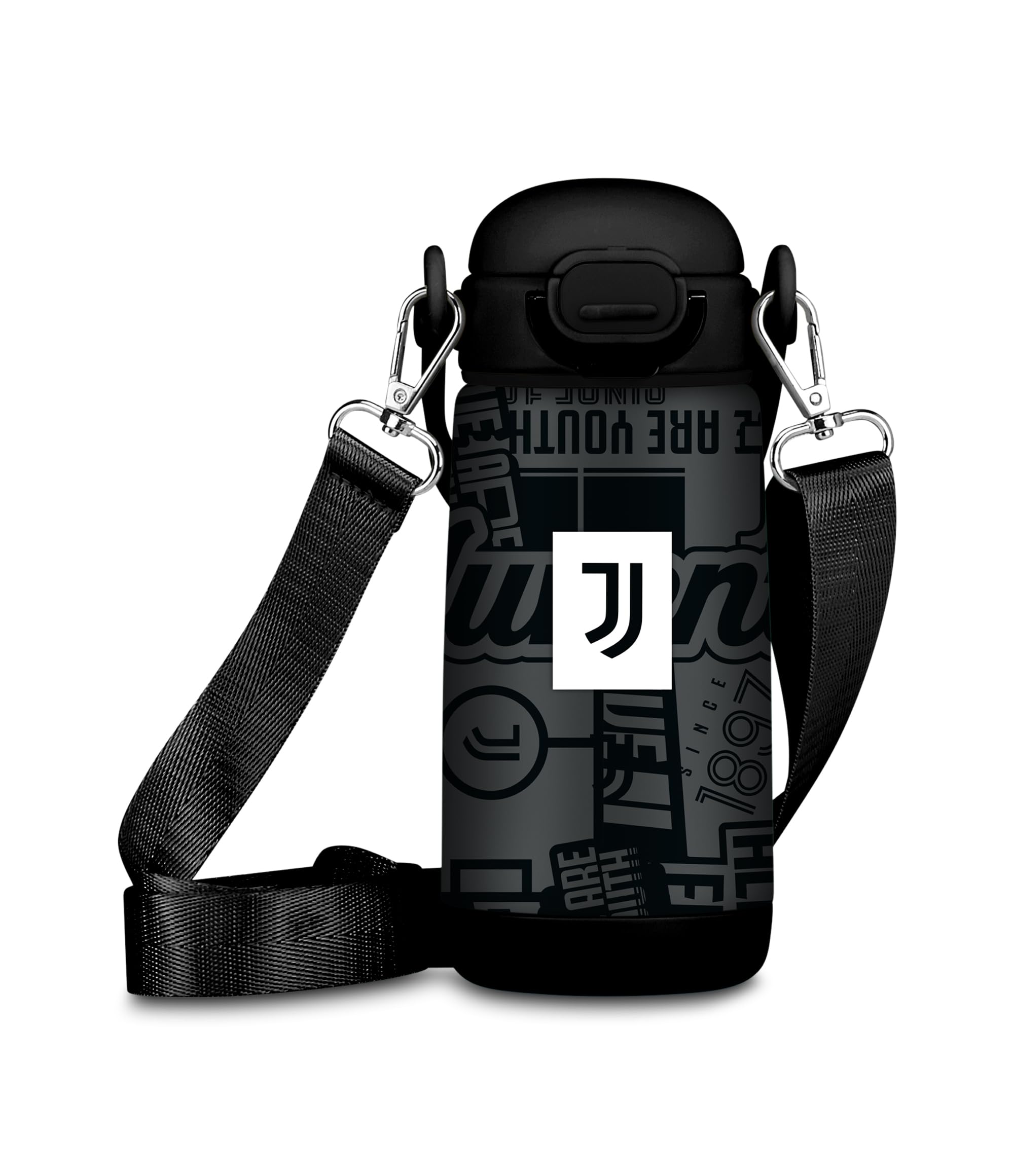 Seven Juventus – Borraccia Termica 400 ml Nera con Tracolla | Acciaio Inox BPA Free | Caldo 12h / Freddo 24h | Scuola e Sport