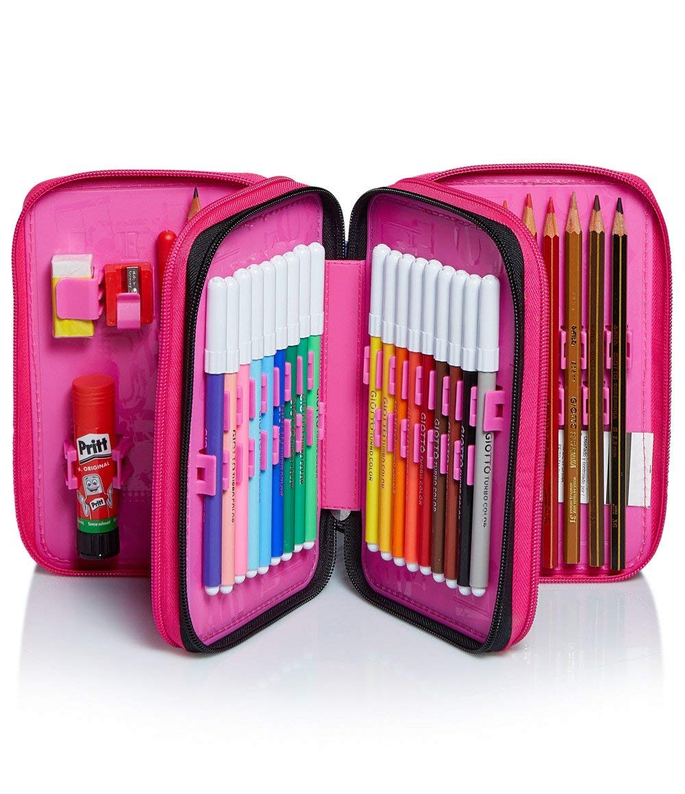 Astuccio Seven 3 Zip BrightHeart – 3 Scomparti, Nero e Rosa, Completo