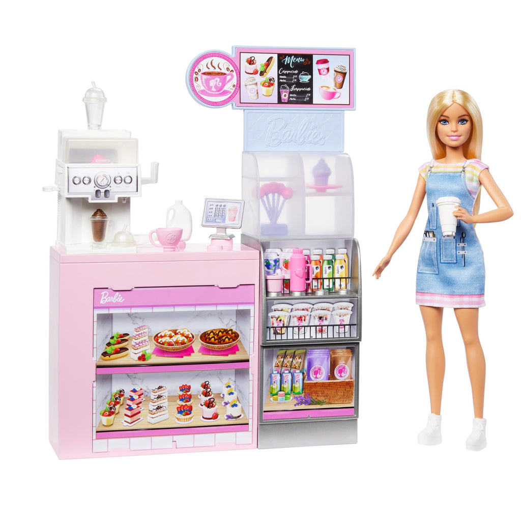 Barbie – Coffee Shop Playset con Bambola Barista Bionda e 12+ Accessori | Macchina Caffè-Smoothie | Dai 3 Anni