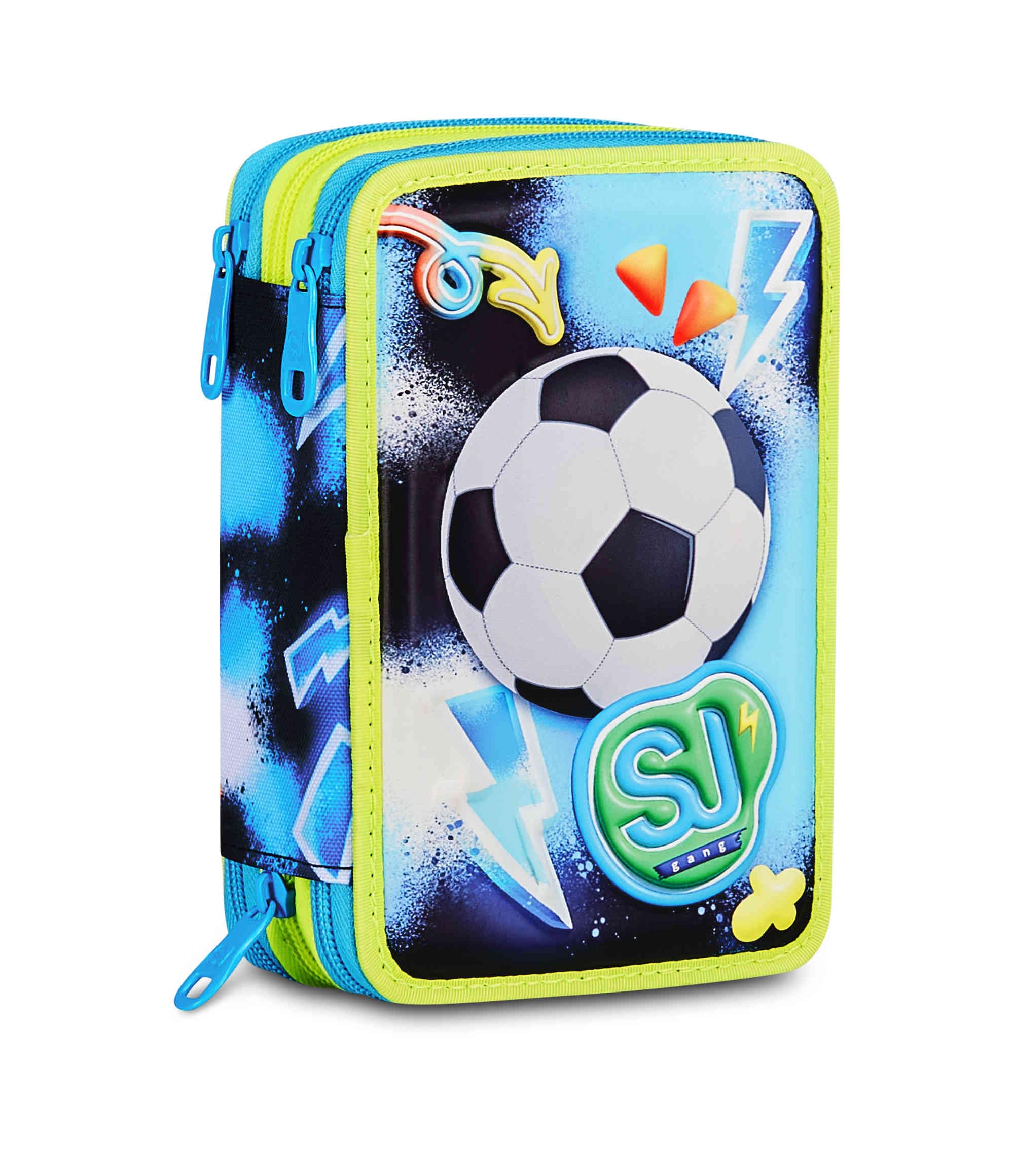 SJ Gang Astuccio Scuola 3 Zip 3D GlowGame – Blu, Pallone in Rilievo, 45 Pezzi Completo | Scuola Elementare
