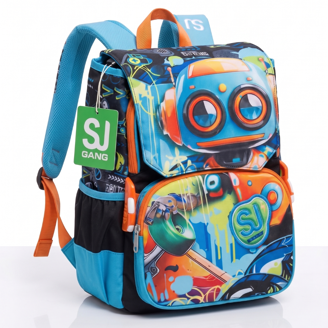 Seven Zaino Scuola Elementare Estendibile SJ Gang Big – Robot e Skateboard – Blu e Arancione