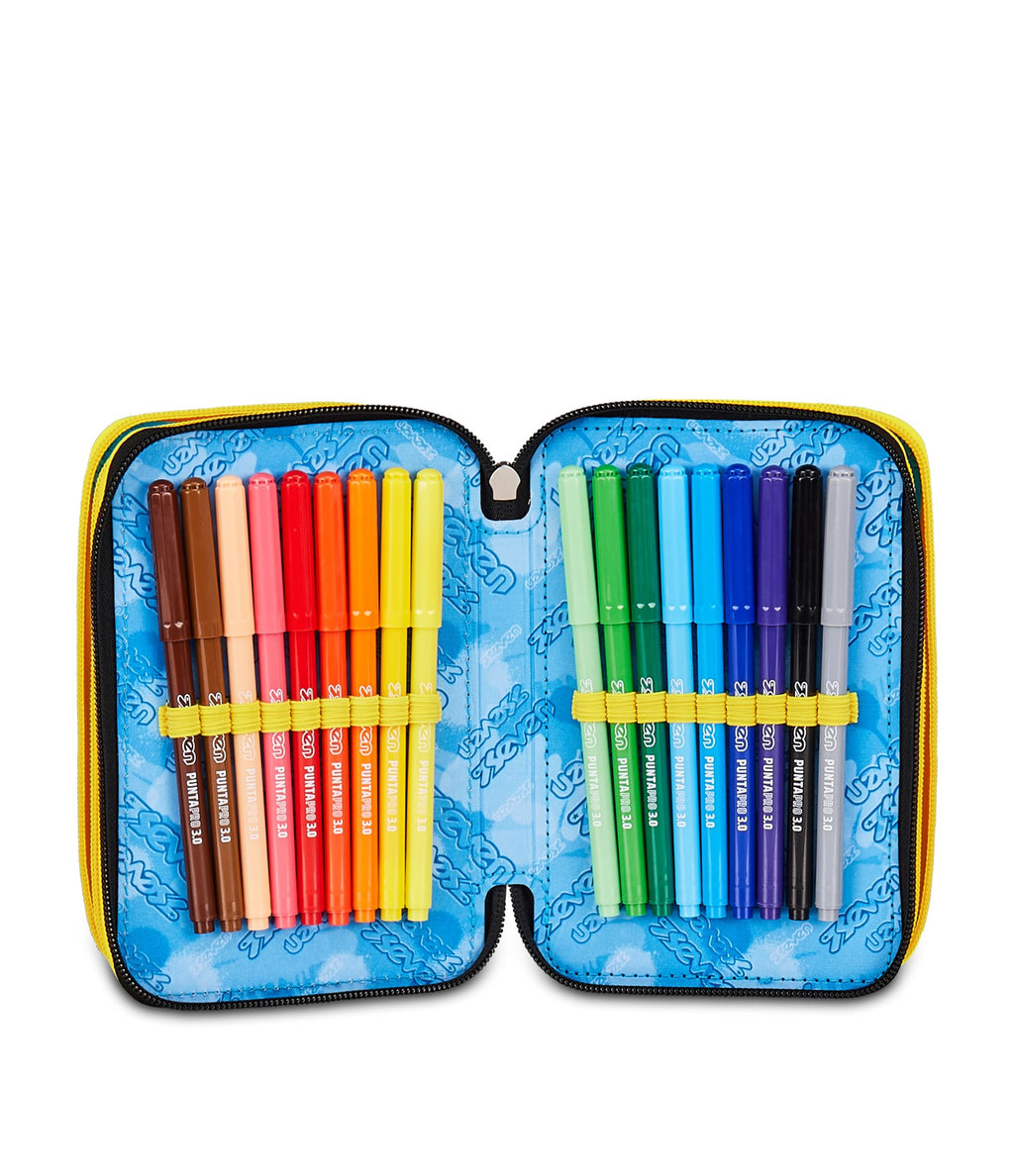 Seven Astuccio Scuola 3 Zip Golden Paint – Nero, 45 Pezzi Completo | Triplo Scomparto | Scuola Elementare