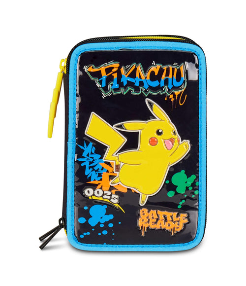 Astuccio Seven Pokémon 3 Zip – 3 Scomparti, Completo con 44 Pezzi, Scuola Elementare