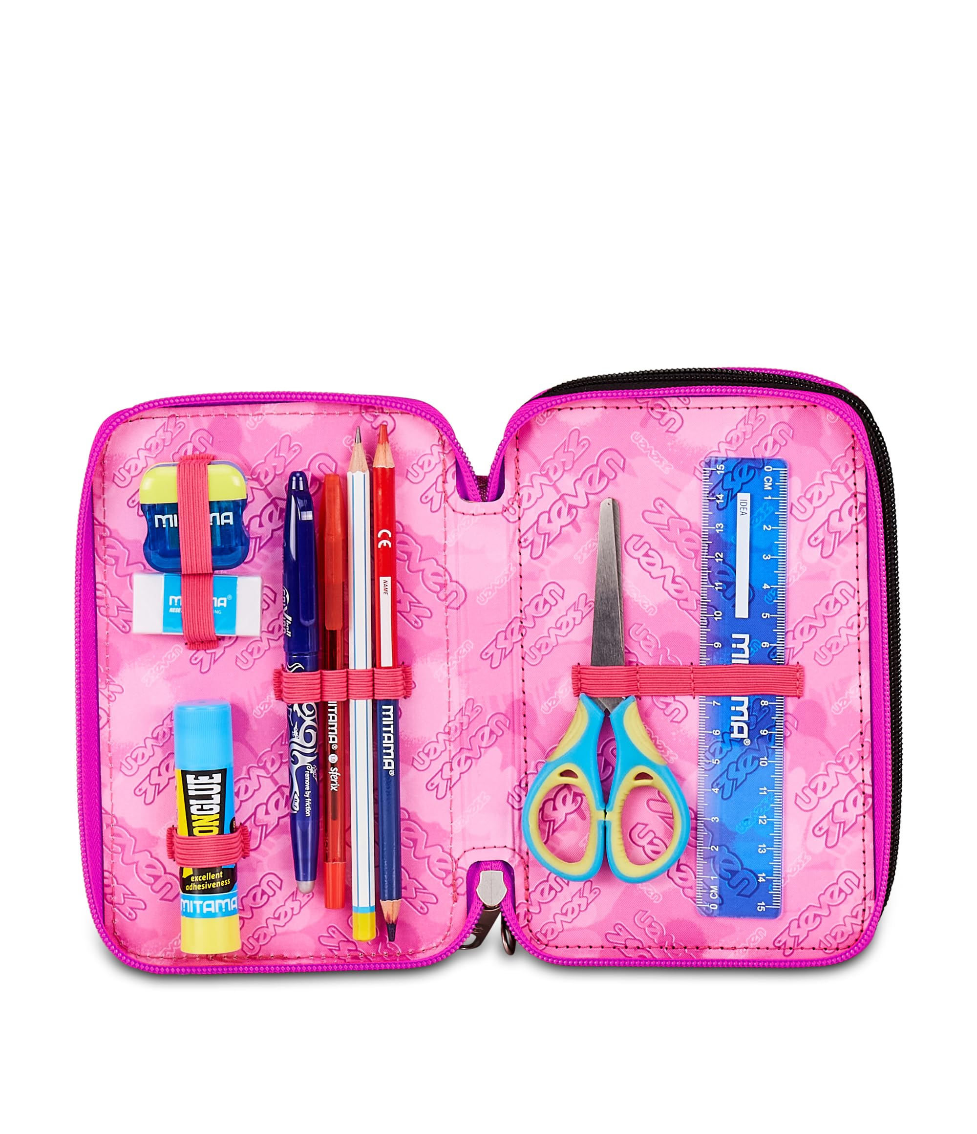 Seven Astuccio Scuola 3 Zip Plumpy Line Girl – Rosa, 45 Pezzi Completo | Triplo Scomparto | Scuola Elementare Bambina