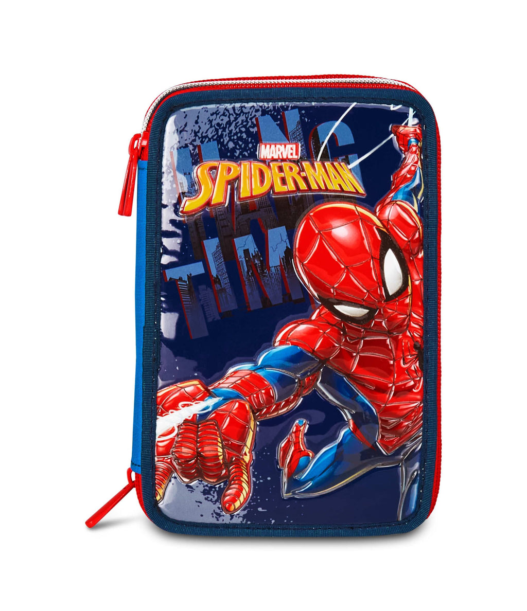 Astuccio Seven Spiderman 3 Zip – 3 Scomparti, Completo con 44 Pezzi, Scuola Elementare