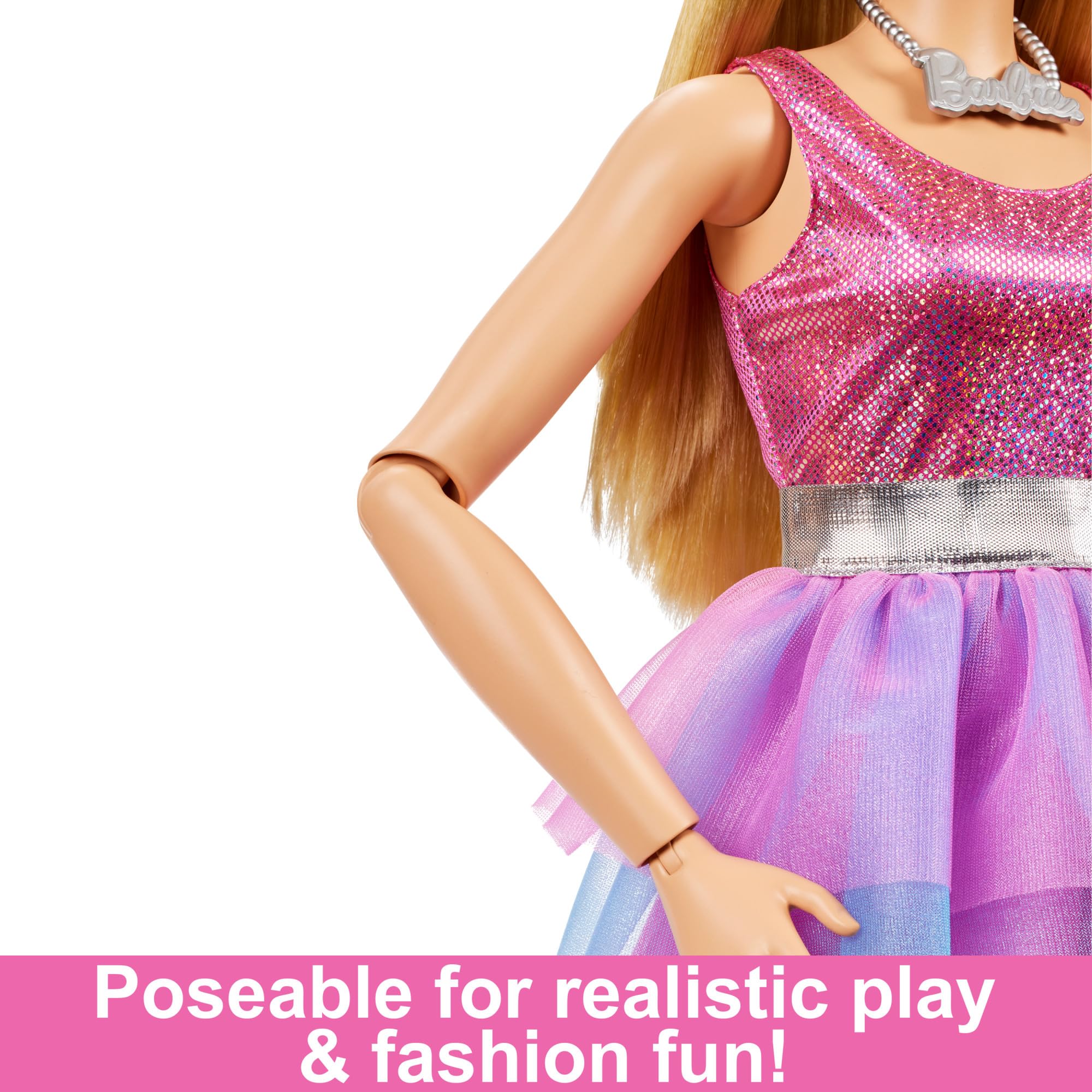 Bambola Barbie Grande 71 cm – Abito Rosa Brillante, Collana e Fermagli, HJY02
