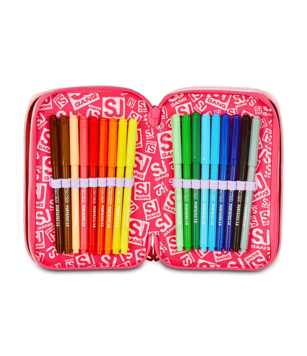 Astuccio SJ Gang Cat LED 3 Zip Rosa – Triplo Scomparto Completo | Scuola Elementare
