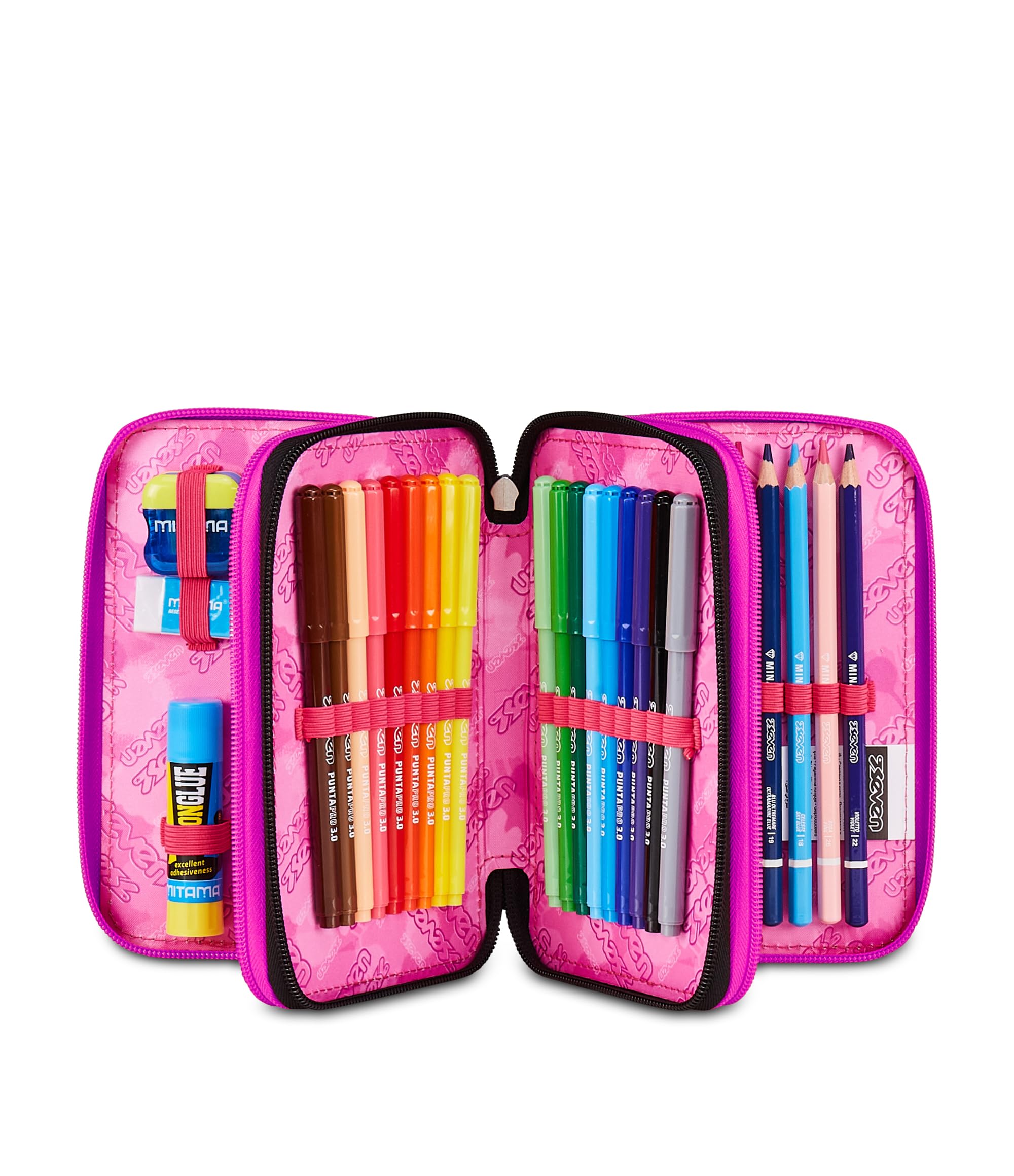 Seven Astuccio Scuola 3 Zip Plumpy Line Girl – Rosa, 45 Pezzi Completo | Triplo Scomparto | Scuola Elementare Bambina