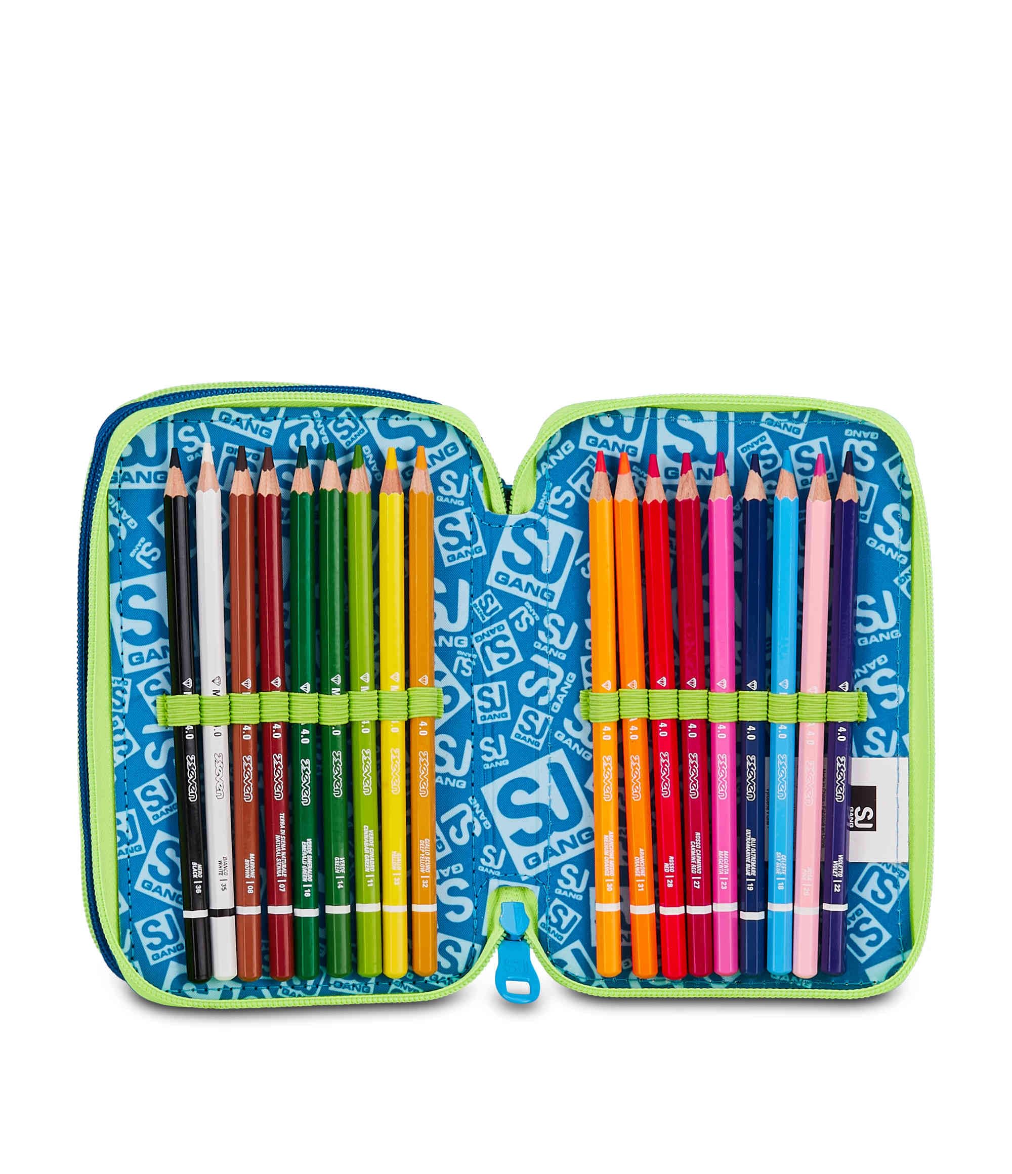 SJ Gang Astuccio Scuola 3 Zip Soft Pouch Boy – Blu, 45 Pezzi Completo | Triplo Scomparto | Scuola Elementare Bambino