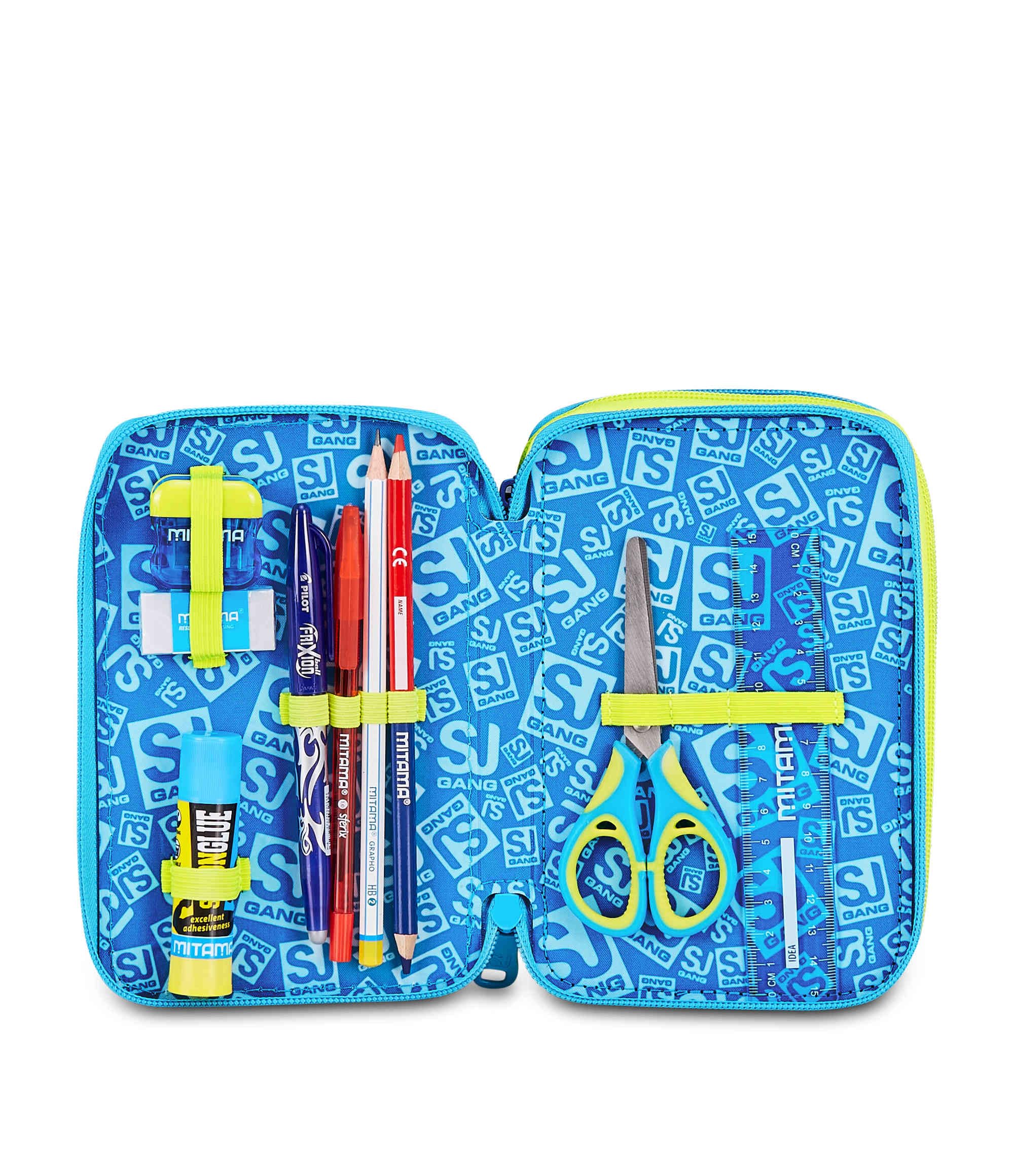 SJ Gang Astuccio Scuola 3 Zip 3D GlowGame – Blu, Pallone in Rilievo, 45 Pezzi Completo | Scuola Elementare