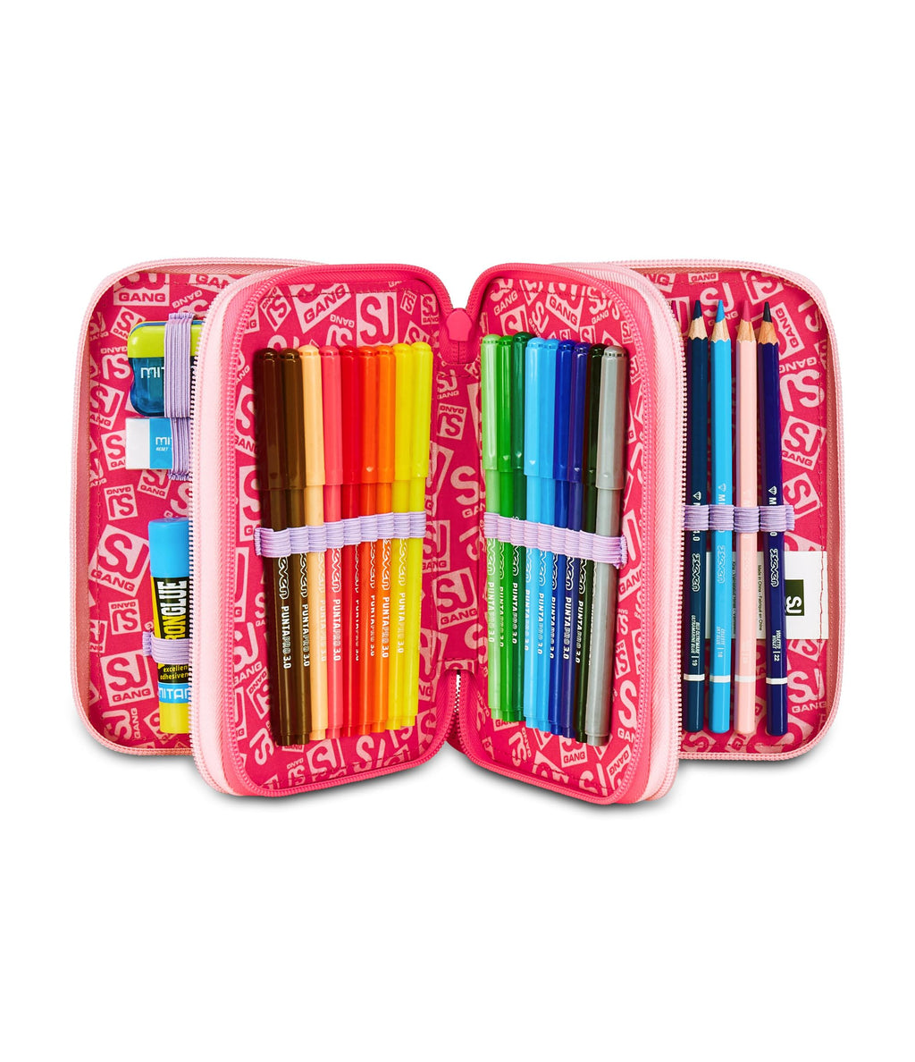 Astuccio SJ Gang Cat LED 3 Zip Rosa – Triplo Scomparto Completo | Scuola Elementare