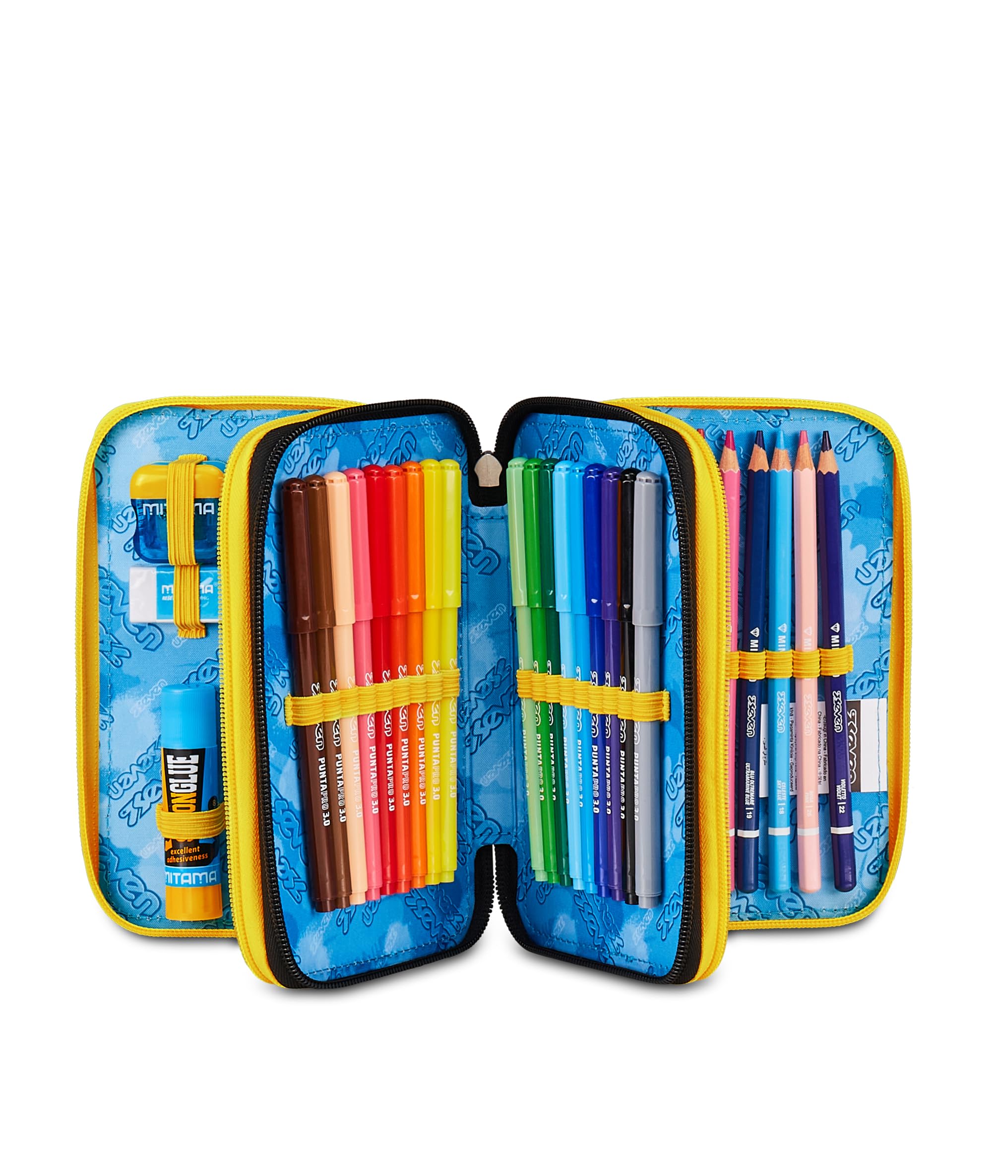 Seven Astuccio Scuola 3 Zip Golden Paint – Nero, 45 Pezzi Completo | Triplo Scomparto | Scuola Elementare