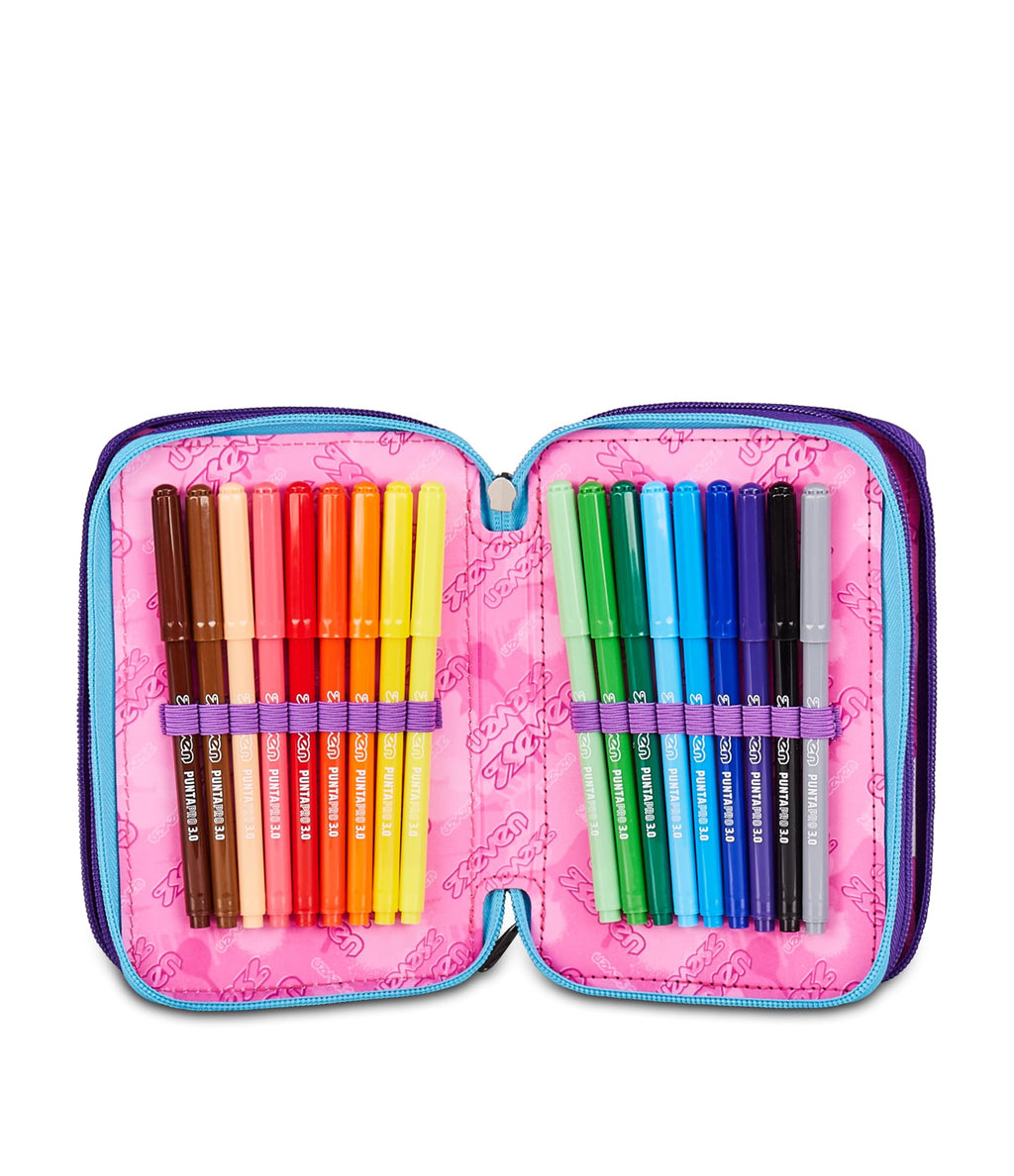Seven Astuccio Scuola 3 Zip Pink Fusion – Viola, 45 Pezzi Completo | Triplo Scomparto | Scuola Elementare Bambina