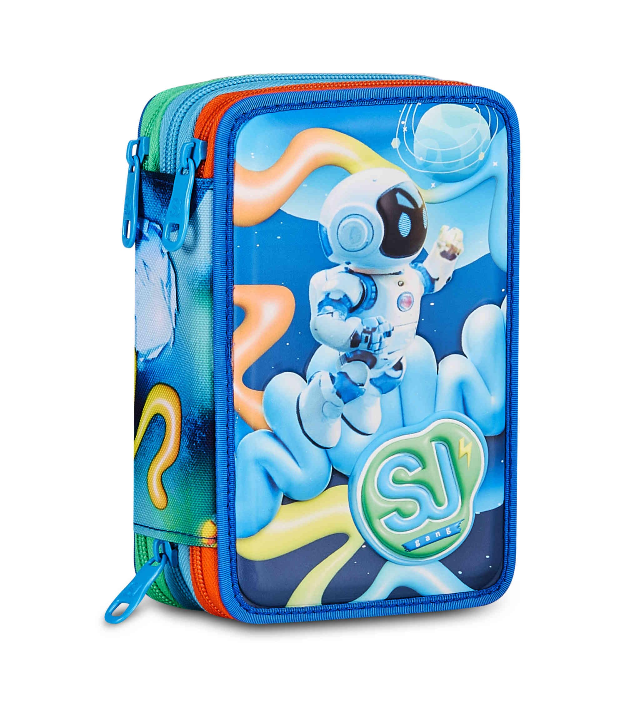 SJ Gang Astuccio Scuola 3 Zip 3D Space Ride – Blu, Astronauta in Rilievo, 45 Pezzi Completo | Scuola Elementare