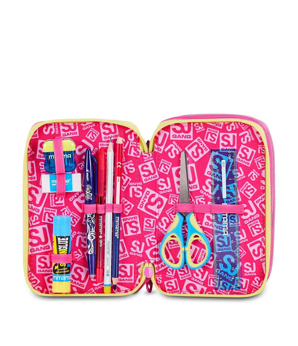 SJ Gang Astuccio Scuola 3 Zip Joyful Pins Girl – Rosa, 45 Pezzi Completo | Triplo Scomparto | Scuola Elementare Bambina