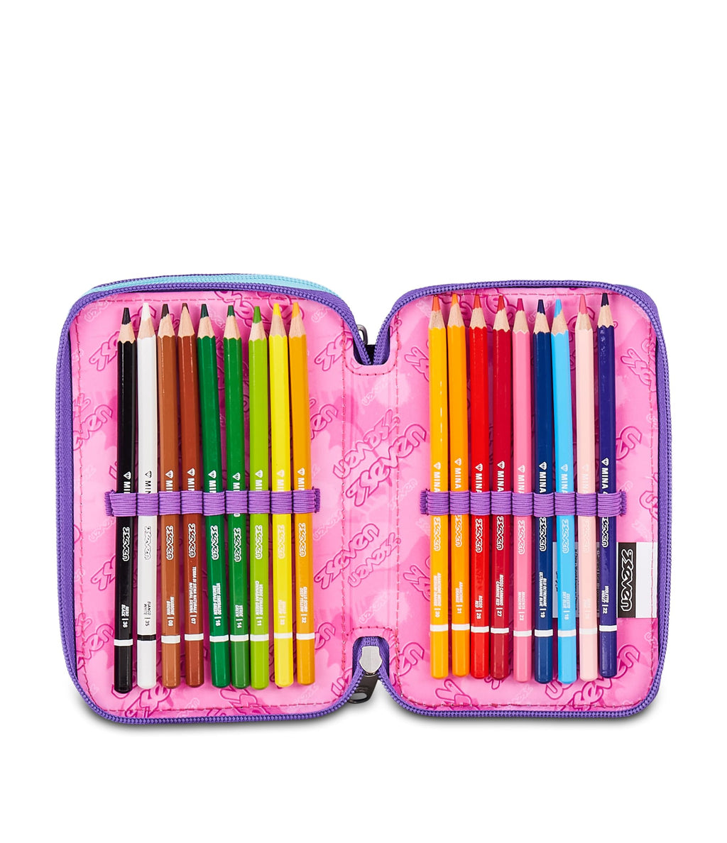 Seven Astuccio Scuola 3 Zip Lovepass – Viola, 45 Pezzi Completo | Triplo Scomparto | Scuola Elementare Bambina